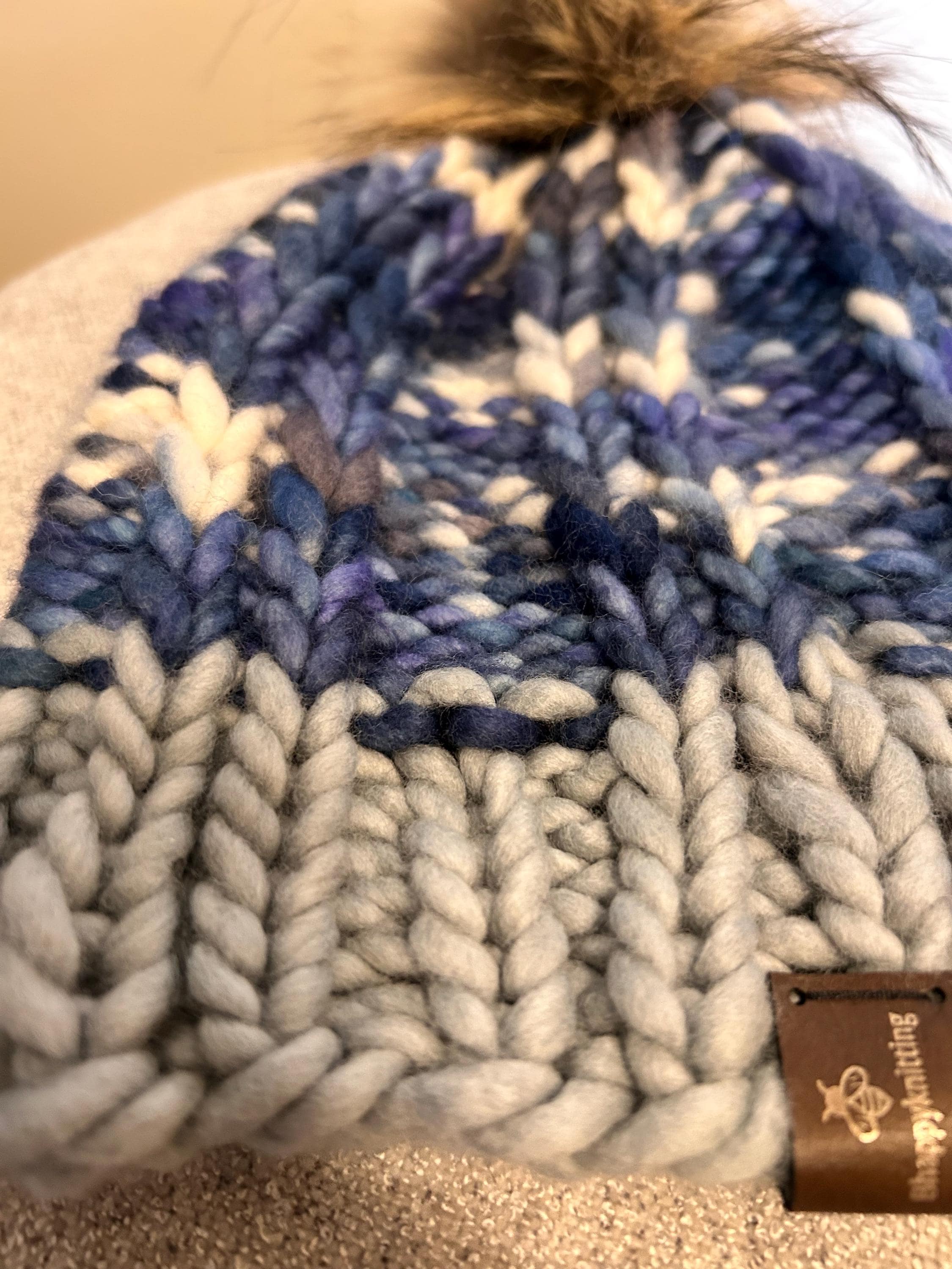 Handknit Chunky Wool Beanie: Blue and Grey Winter Cap with removable PomPom