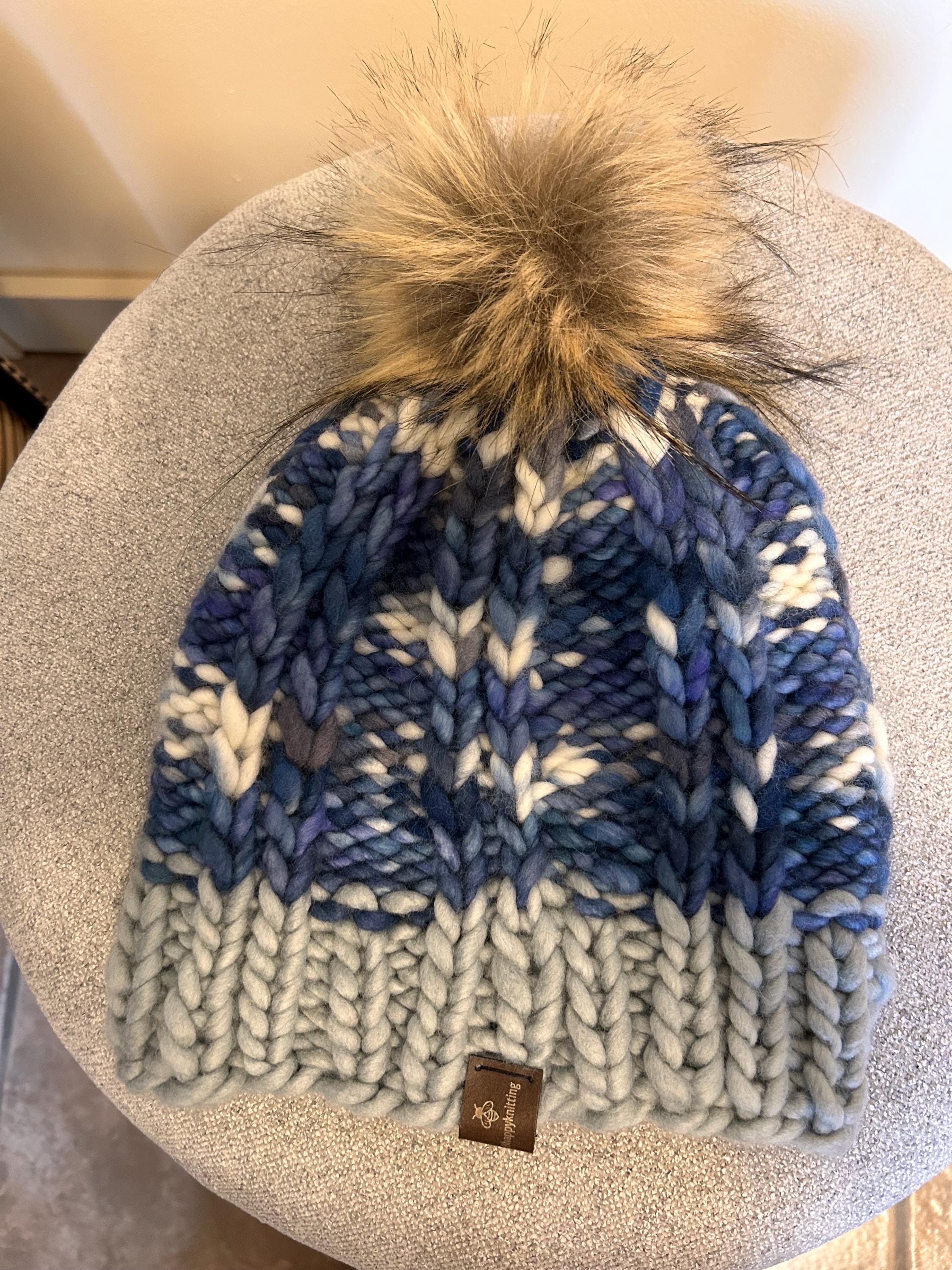 Handknit Chunky Wool Beanie: Blue and Grey Winter Cap with removable PomPom