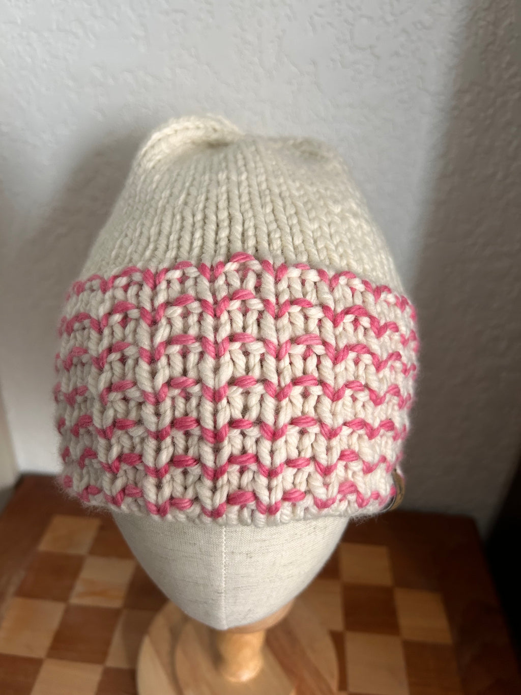 Hand Knit cream and pink Merino Wool Beanie: Double Brim toque