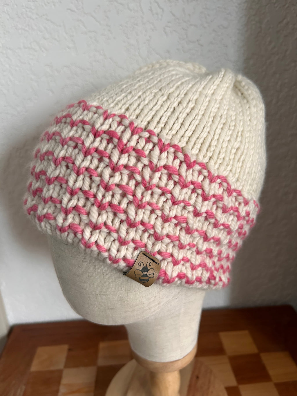 Hand Knit cream and pink Merino Wool Beanie: Double Brim toque