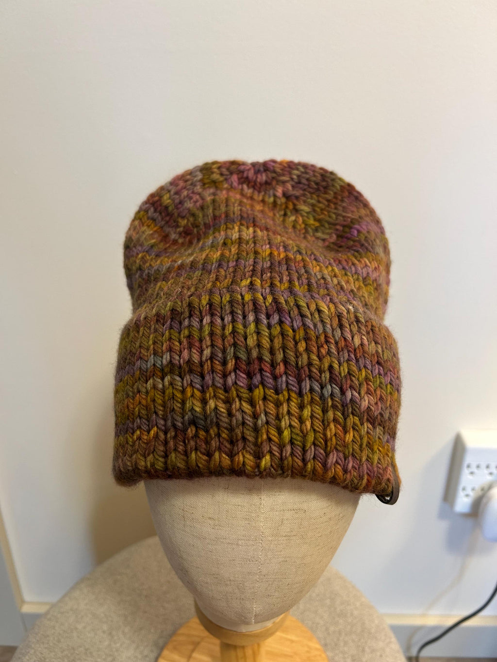 Hand Knit Merino Wool Beanie: Double Brim high top hat for men or women, soft cozy warm winter toque, multi colour brown toque,  gift