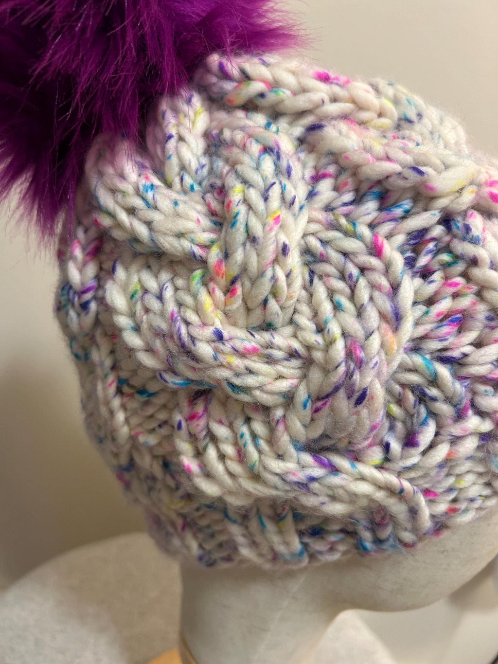 Handmade Merino Wool Knit Beanie: white blue cable with Faux Fur Pompom, purple pompom