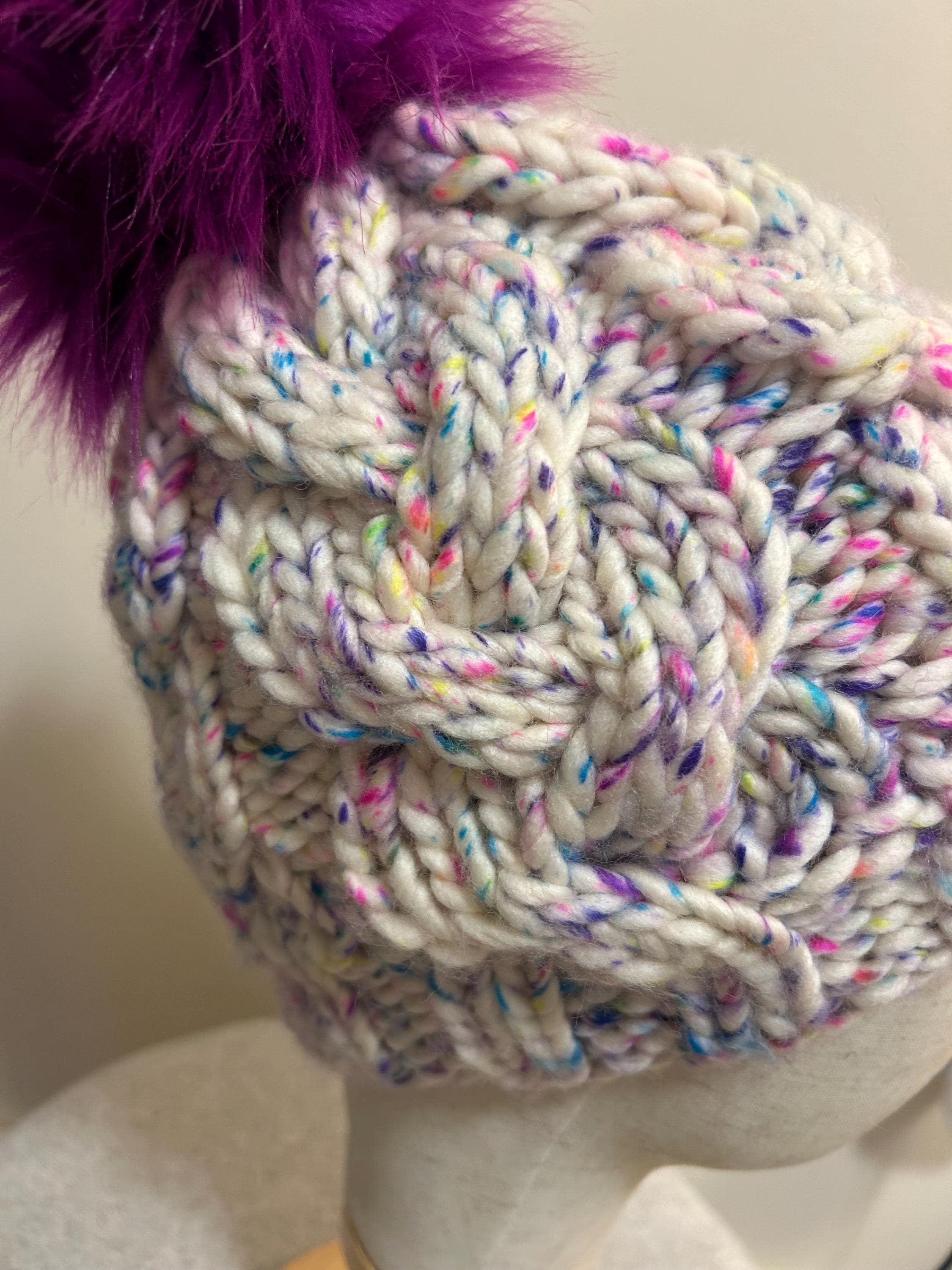 Handmade Merino Wool Knit Beanie: white blue cable with Faux Fur Pompom, purple pompom