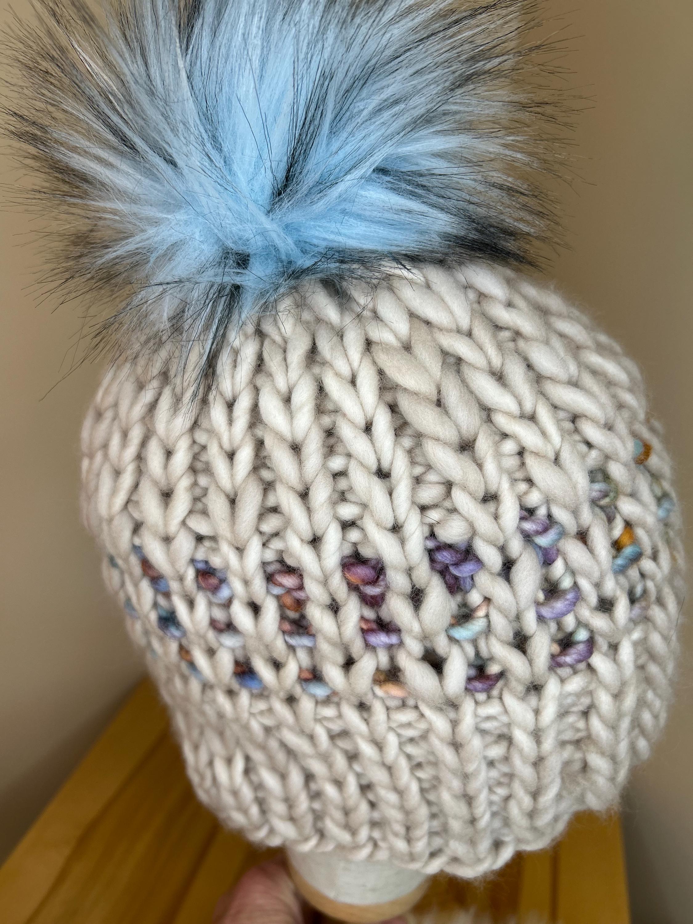 Handmade Merino Wool Knit Beanie: green blue beige knit with Faux Fur Pompom
