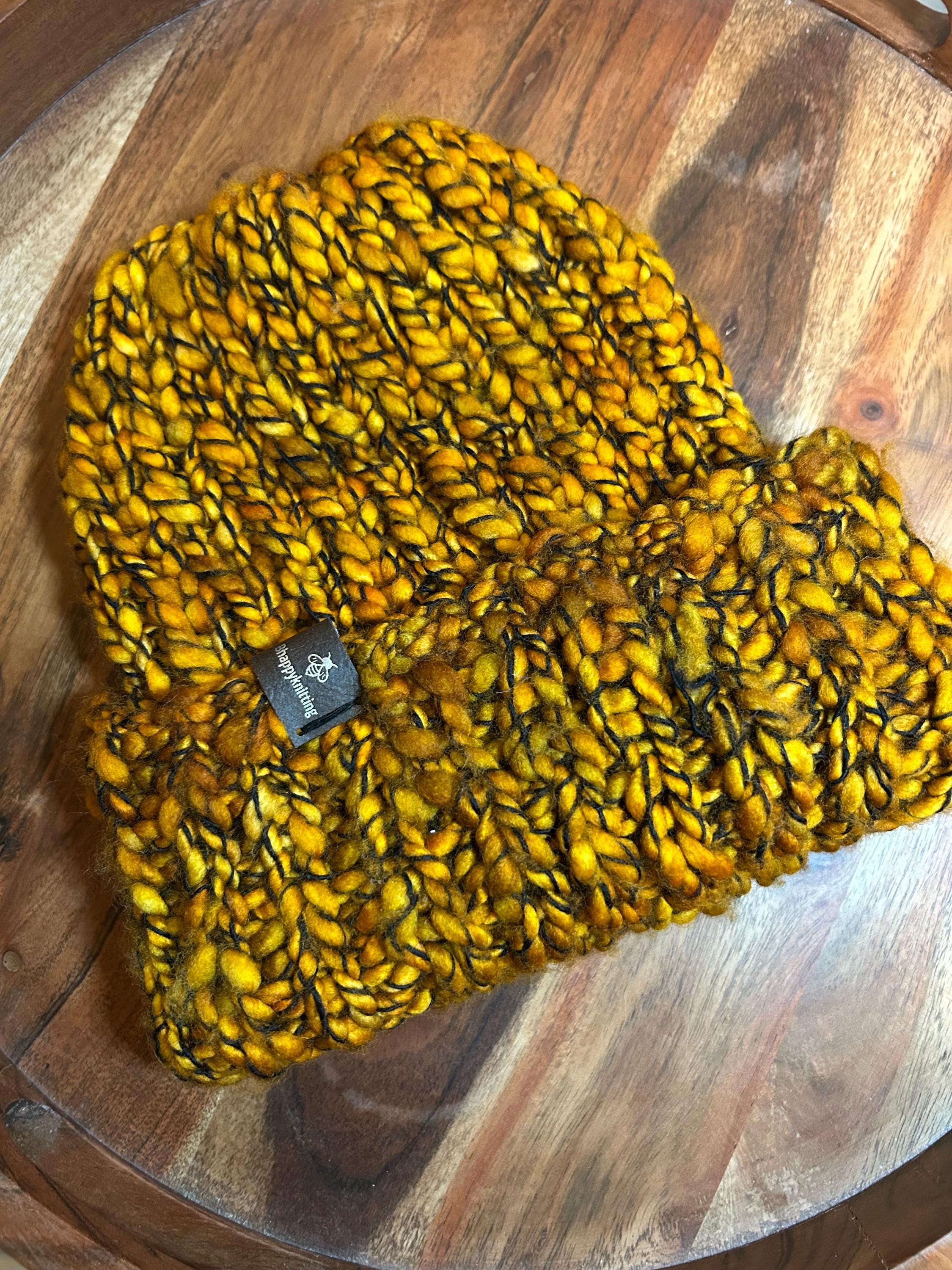 Handknit Chunky Wool Beanie: Orange Brim bulky Toque