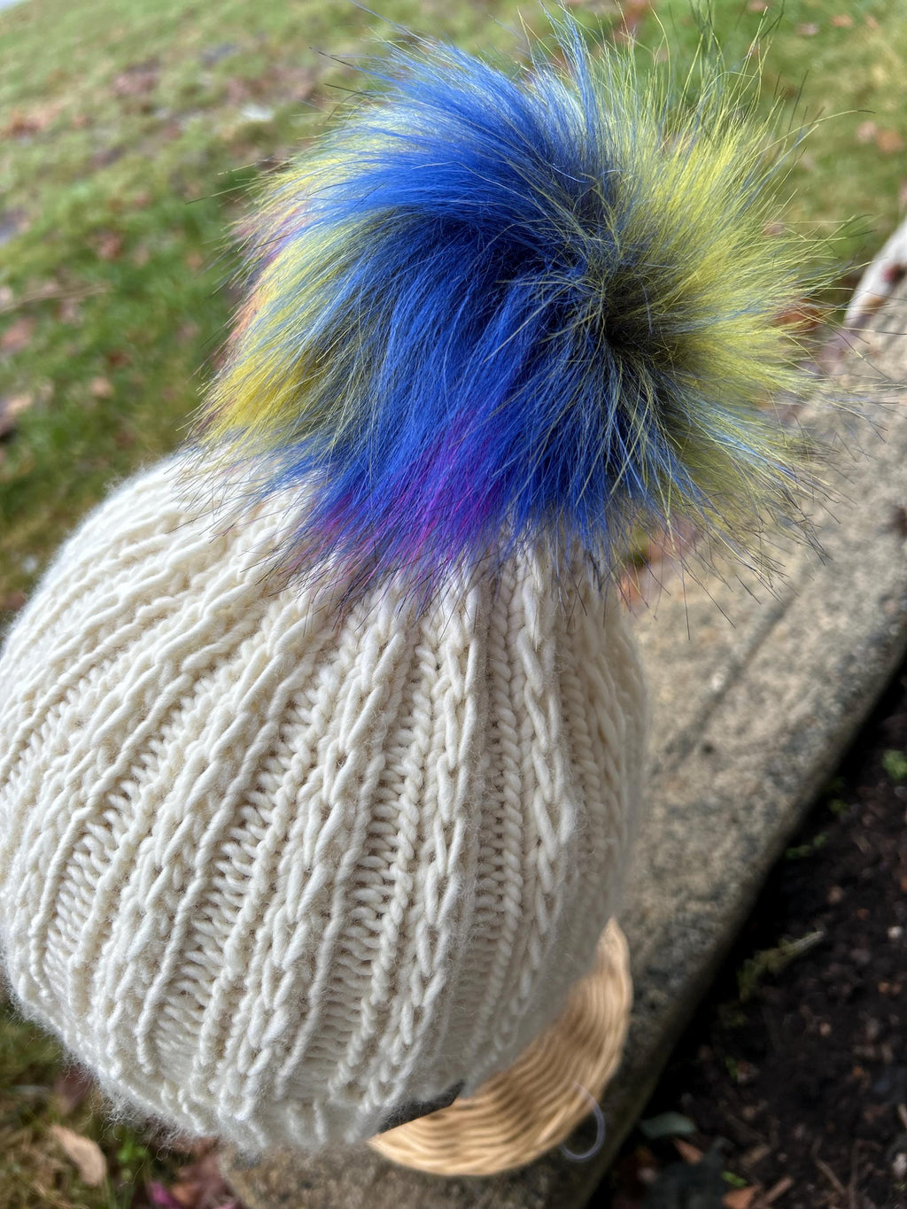 Hand Knit Merino Wool Beanie: Off White soft Toque with Faux Fur Pompom, knitted hat