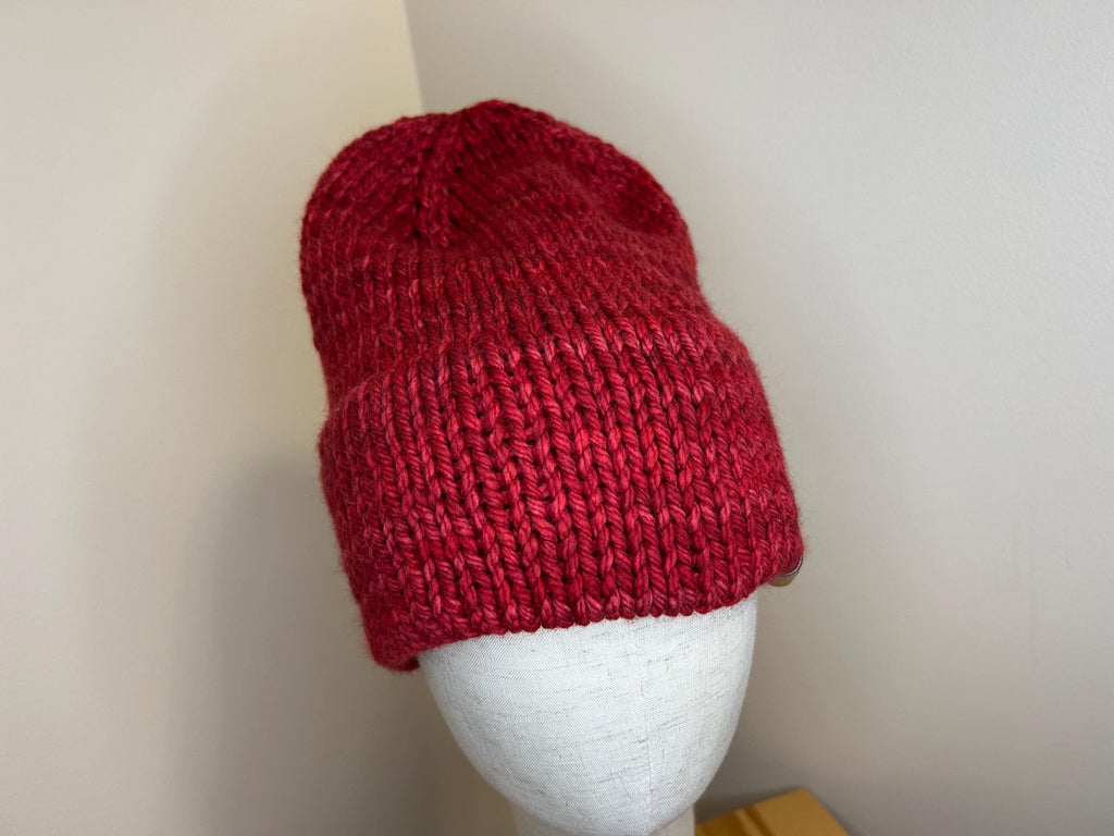 Hand Knit Merino Wool Beanie: Double Brim Red Toque, Cozy Warm Winter Hat