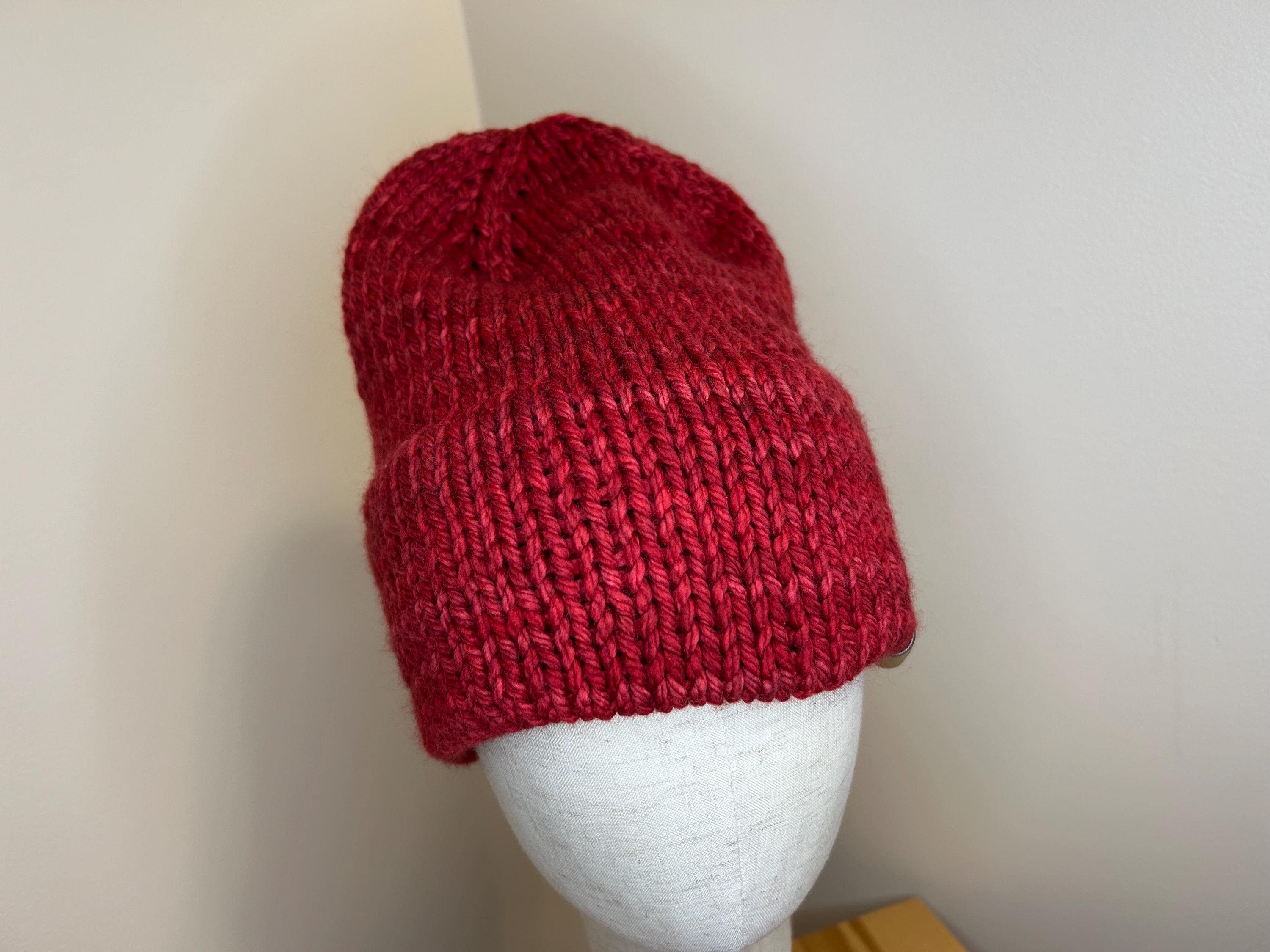 Hand Knit Merino Wool Beanie: Double Brim Red Toque, Cozy Warm Winter Hat
