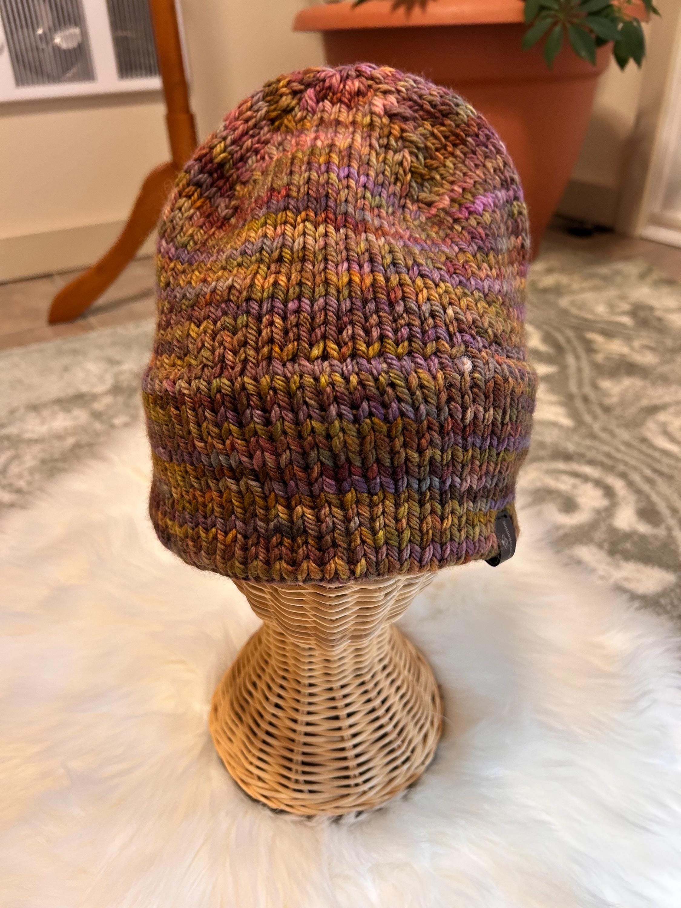 Hand Knit Merino Wool Beanie: Double Brim high top hat for men or women, soft cozy warm winter toque, multi colour brown toque,  gift
