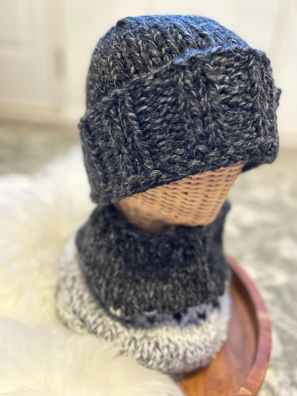 Unisex folded brim Toque, Hand knit winter beanie, fall winter hat, handmade winter cowl, knit hat, heathered black colour, wool/acryic,