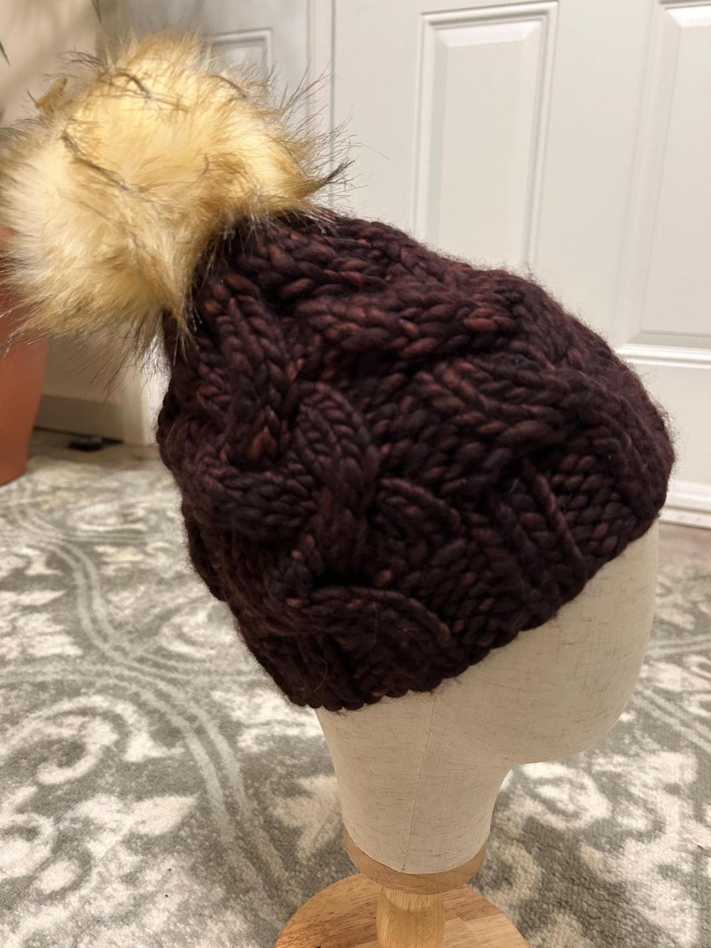 Handmade Merino Wool Knit Beanie: chocolate brown cable knit with Faux Fur Pompom