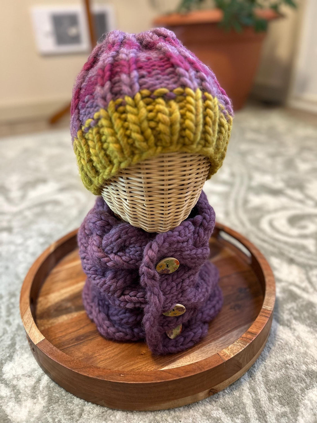 Cable Knit Wool Cowl: Button Up Purple Winter Scarf; neck warmer