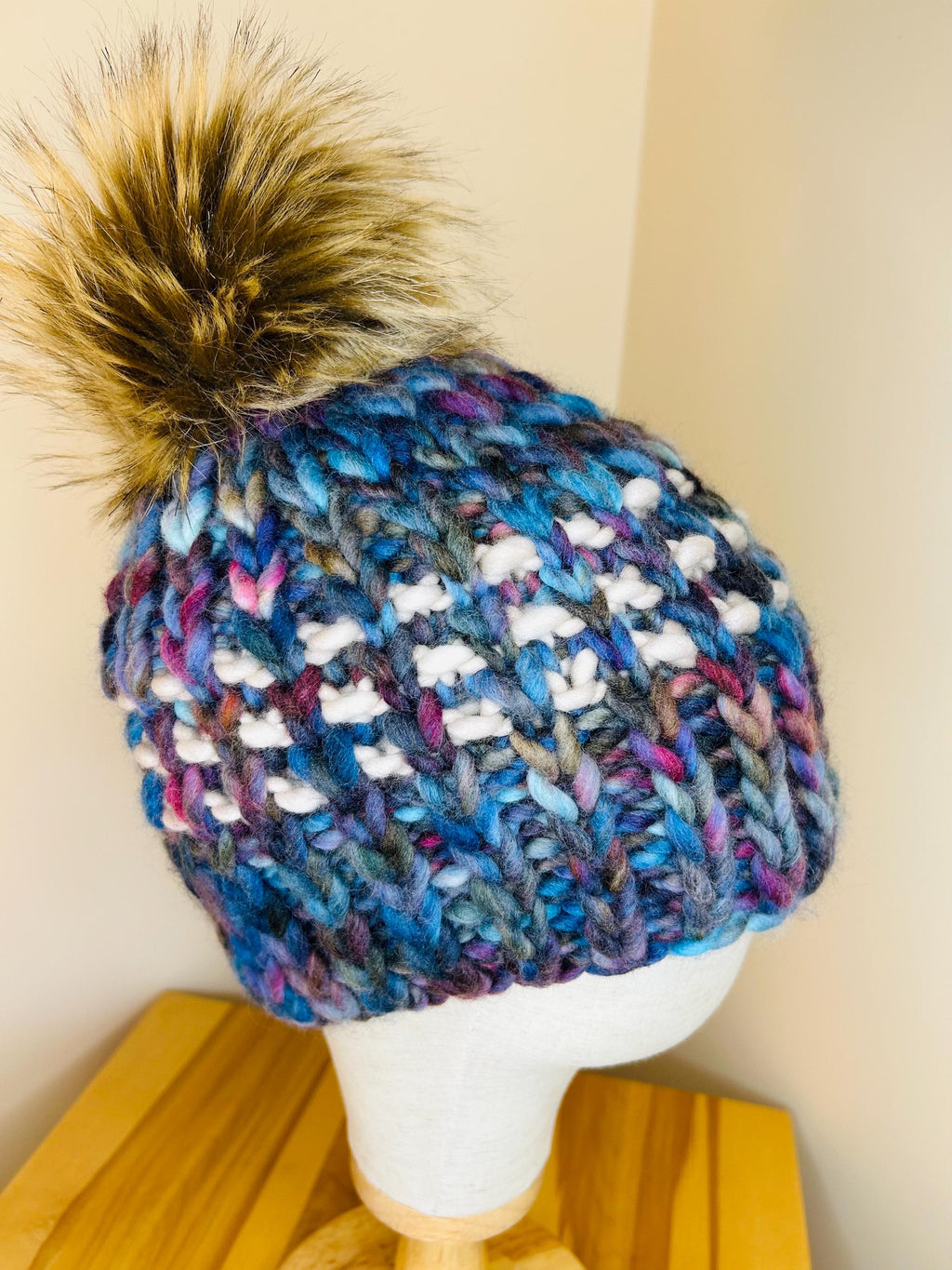 Handmade Merino Wool Knit Beanie: green blue beige knit with Faux Fur Pompom