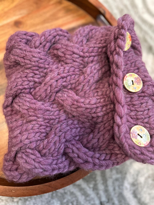 Cable Knit Wool Cowl: Button Up Purple Winter Scarf; neck warmer