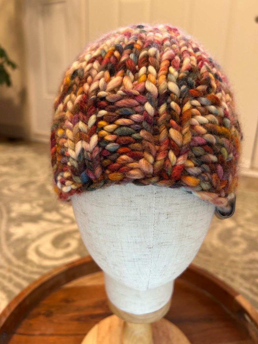 Hand Knit Merino Wool Beanie: Blue Red Multi Colour Toque