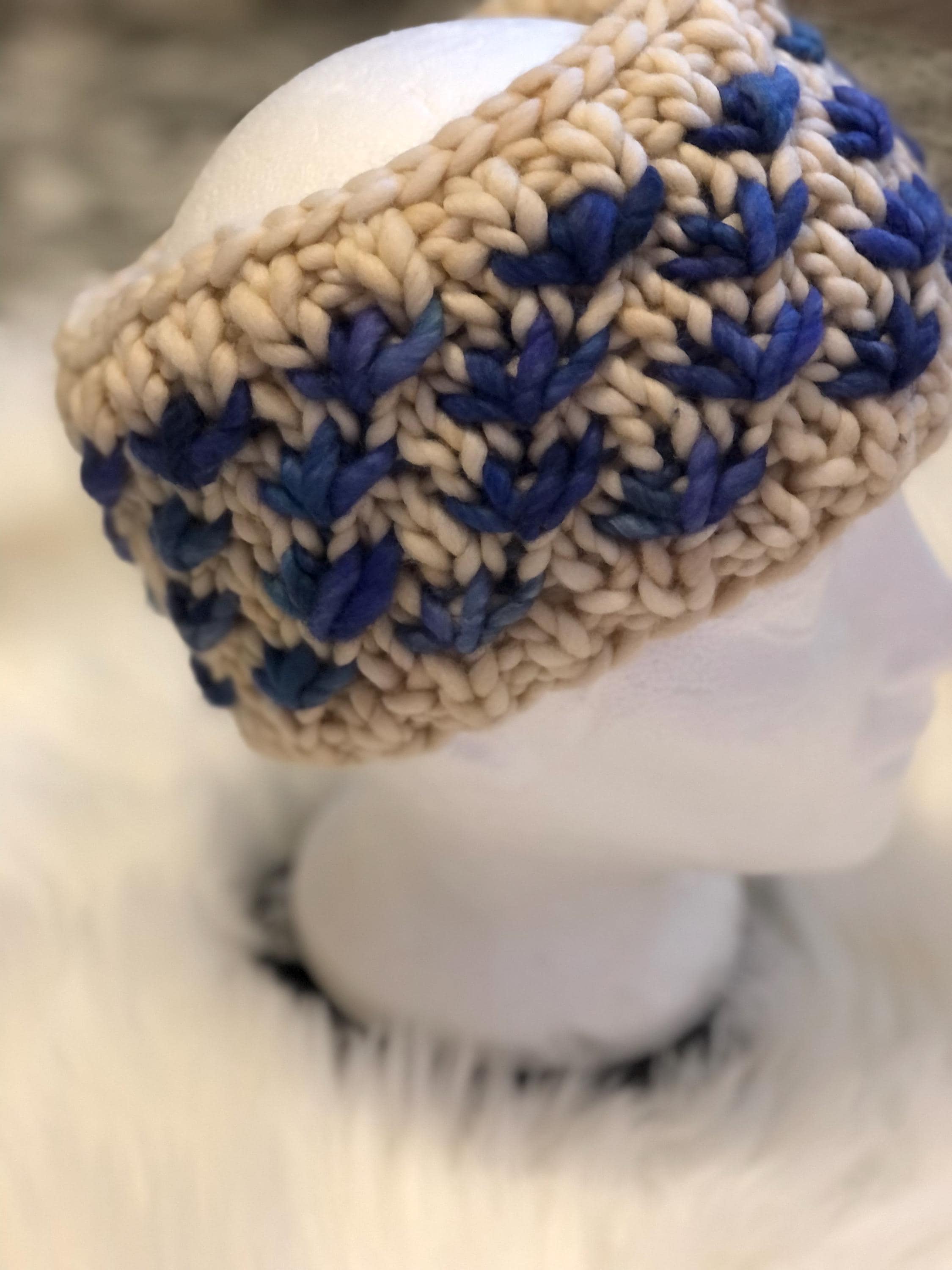 Hand Knit Merino Wool Headband: Blue Lotus Flower Ear Warmer