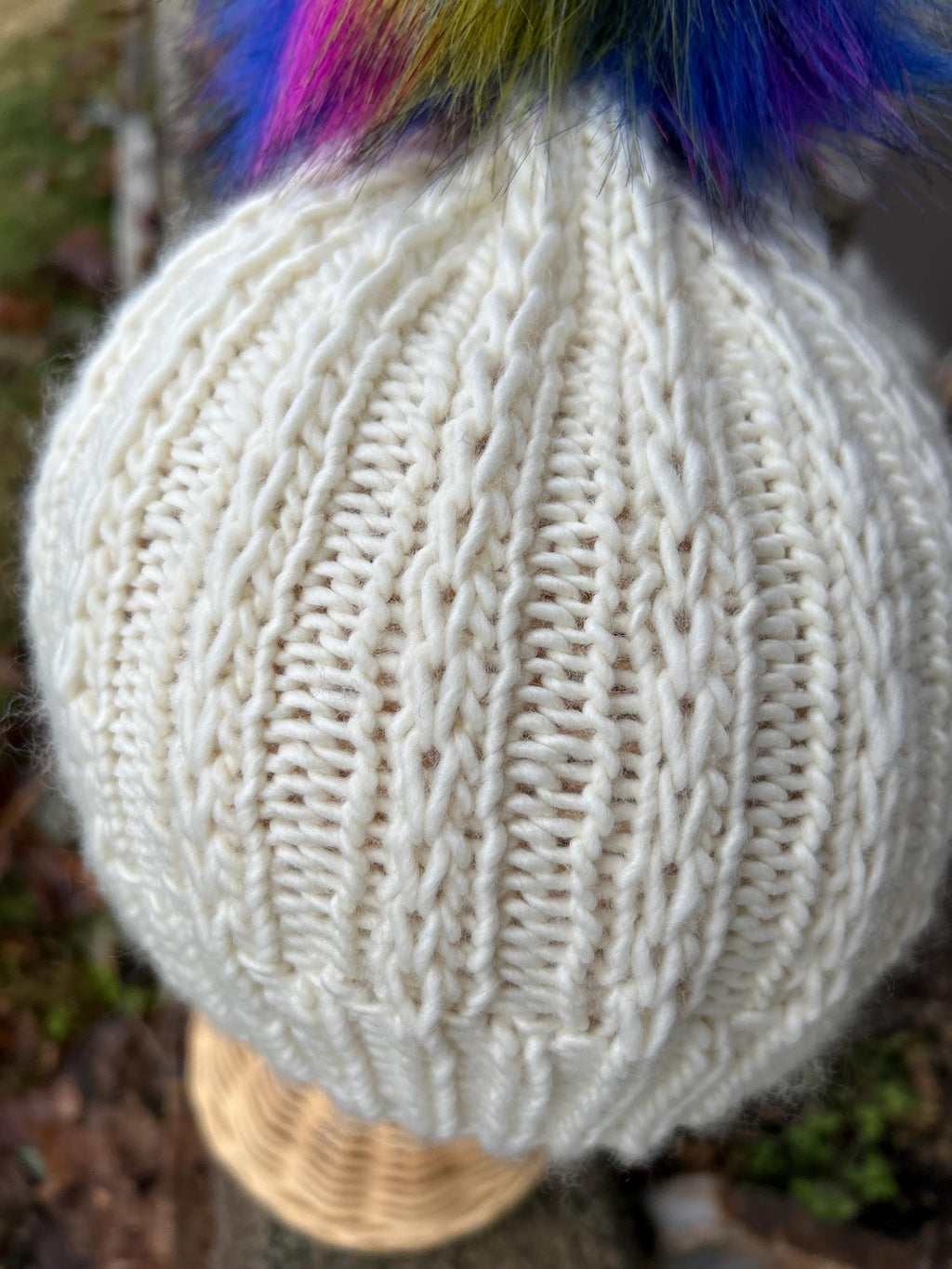 Hand Knit Merino Wool Beanie: Off White soft Toque with Faux Fur Pompom, knitted hat