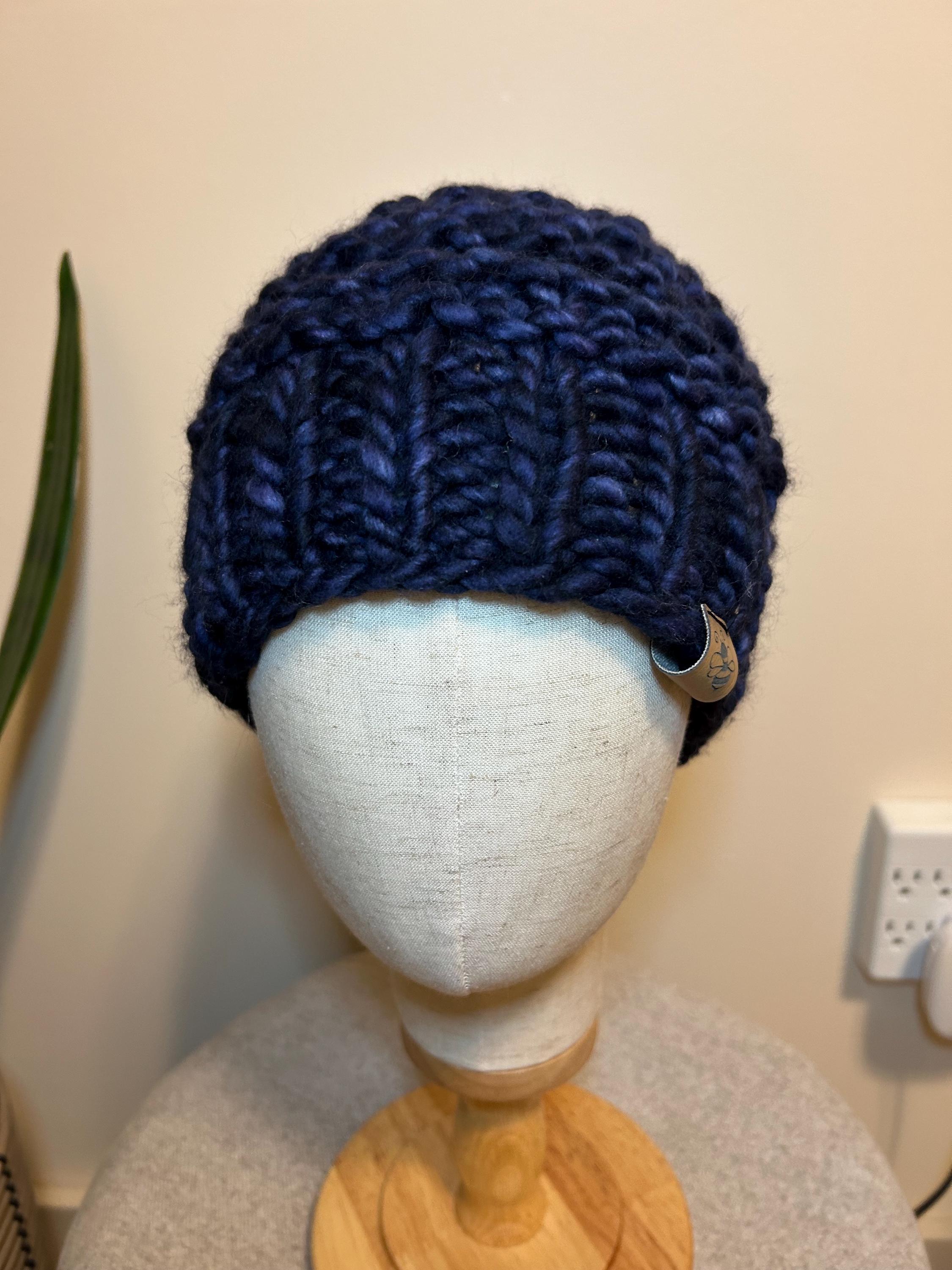 Handmade Merino Wool Knit Beanie: navy blue textured knit with Faux Fur Pompom