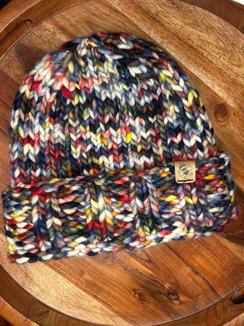 Hand Knit Merino chunky Wool toque: blue colour Winter Hat, folded brim