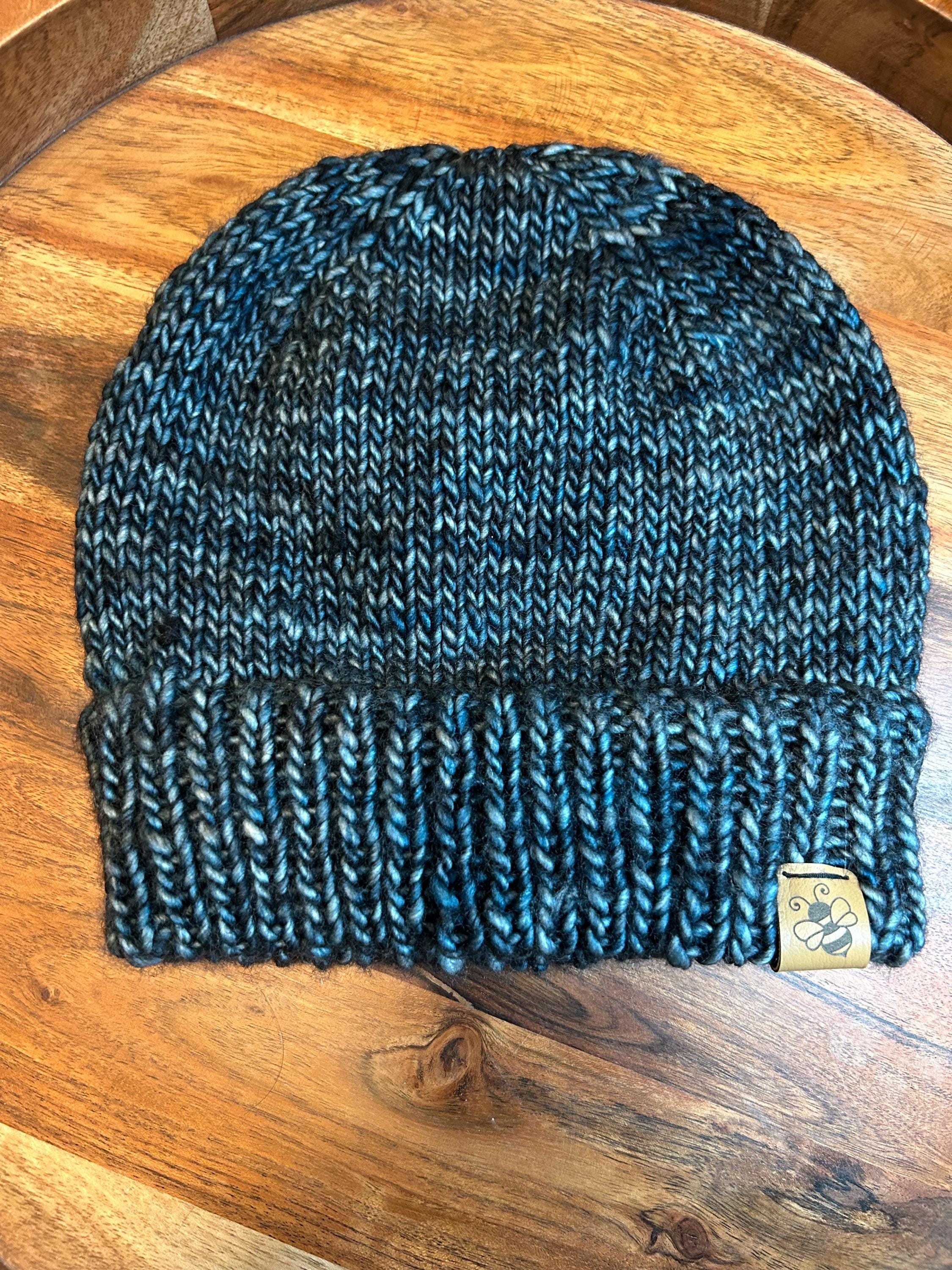 Hand Knit Blue Merino Wool Beanie, Double Brim, unisex