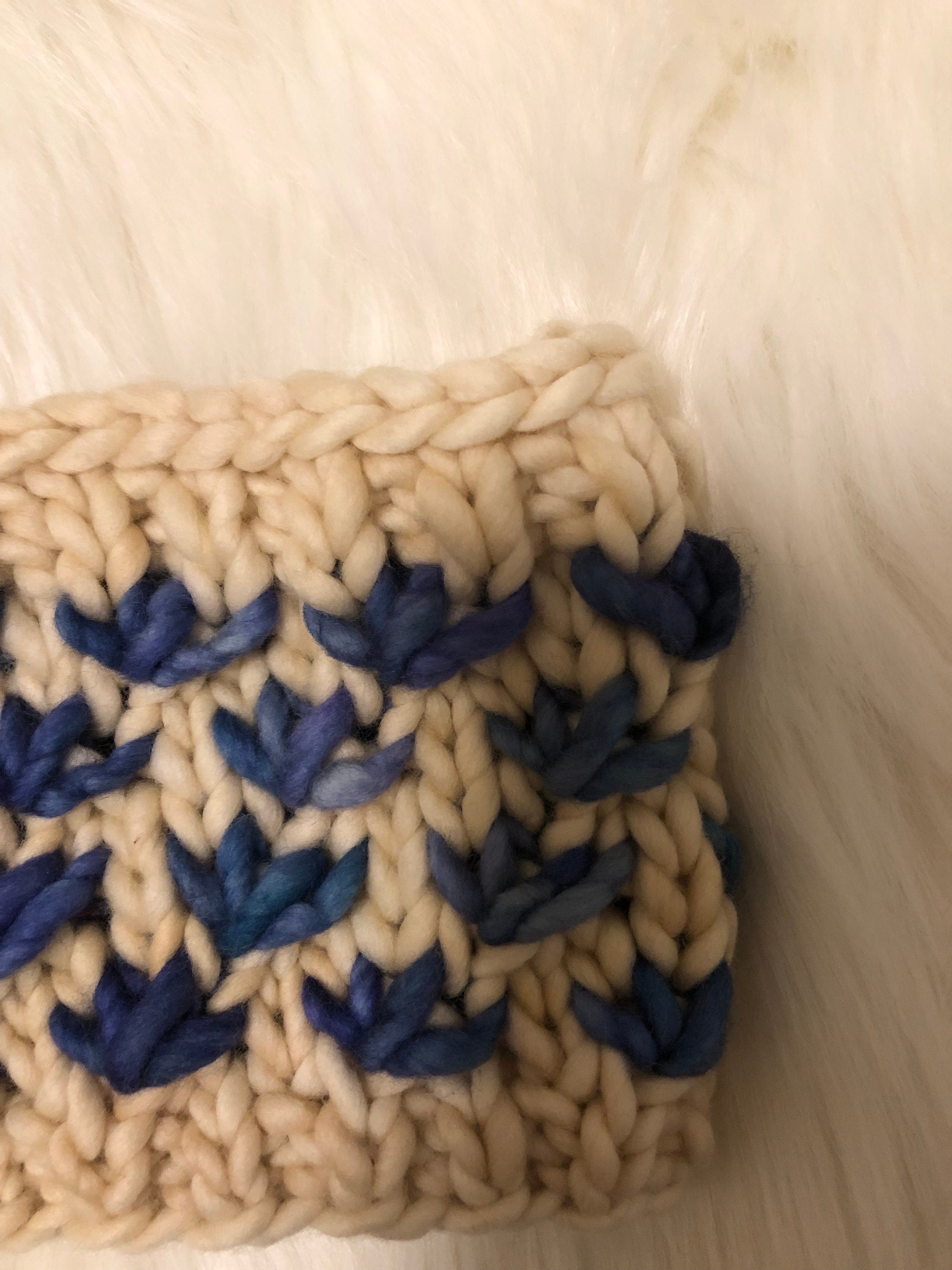 Hand Knit Merino Wool Headband: Blue Lotus Flower Ear Warmer