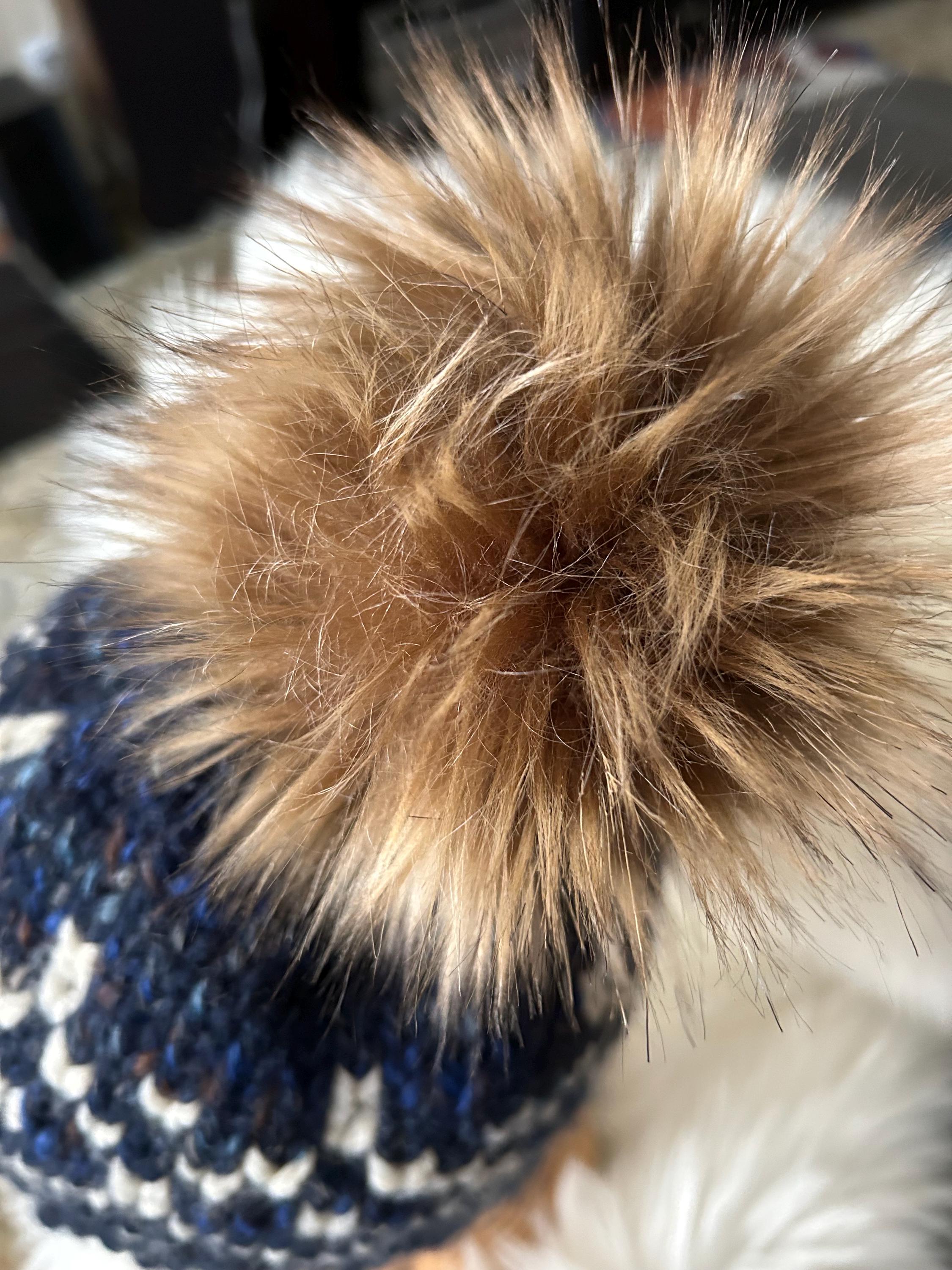 Handmade Knit Winter Toque, Blue White Pattern, Faux Fur Pompom