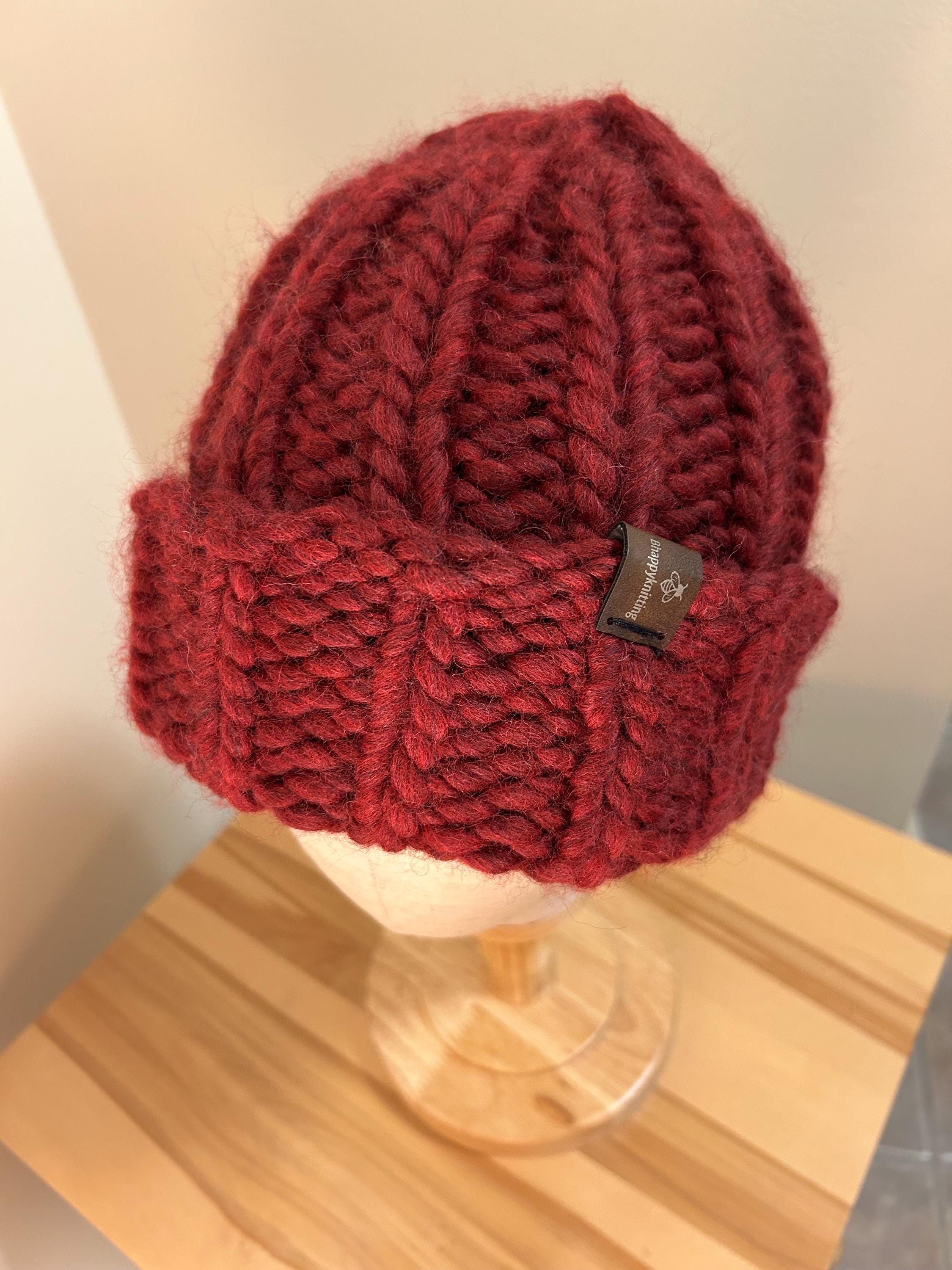 Hand Knit Merino Wool Toque: Chunky Fuchsia Fisherman Beanie, soft cozy fold up brim toque