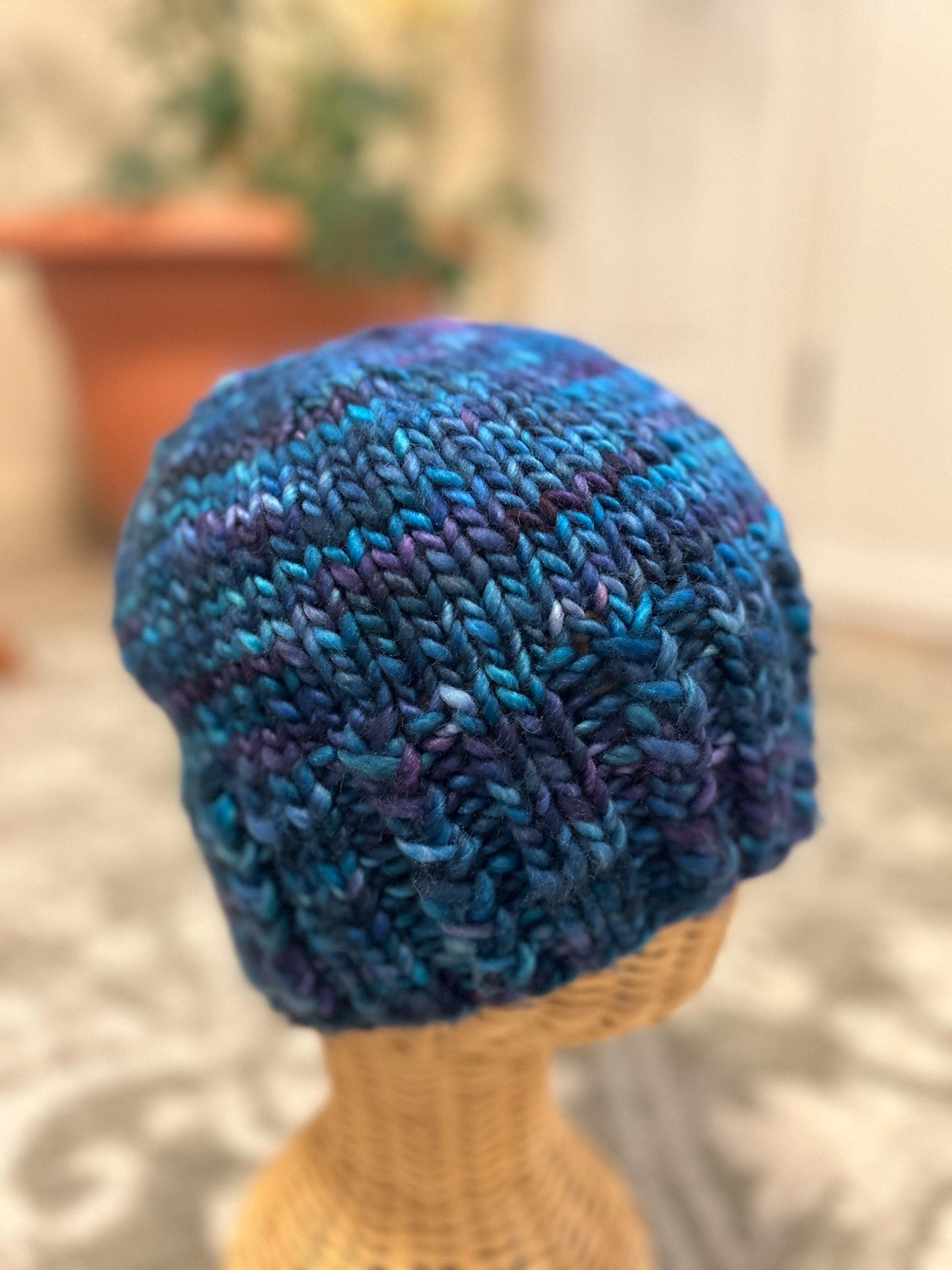 Hand Knit Merino Wool Beanie, Blue Purple Toque