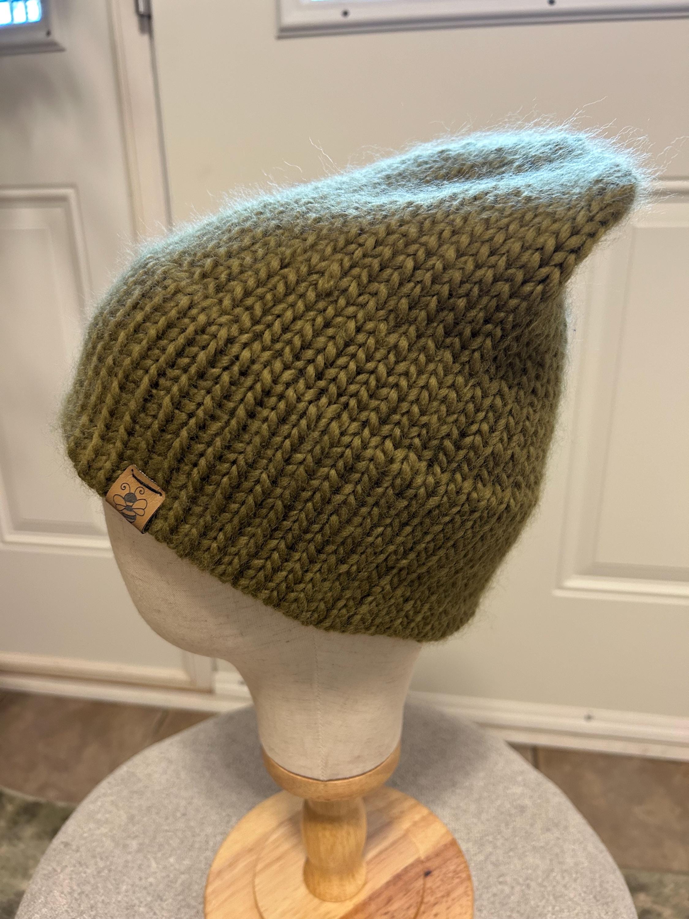 Hand Knit Merino Wool Beanie: Moss Green Double Brim Toque