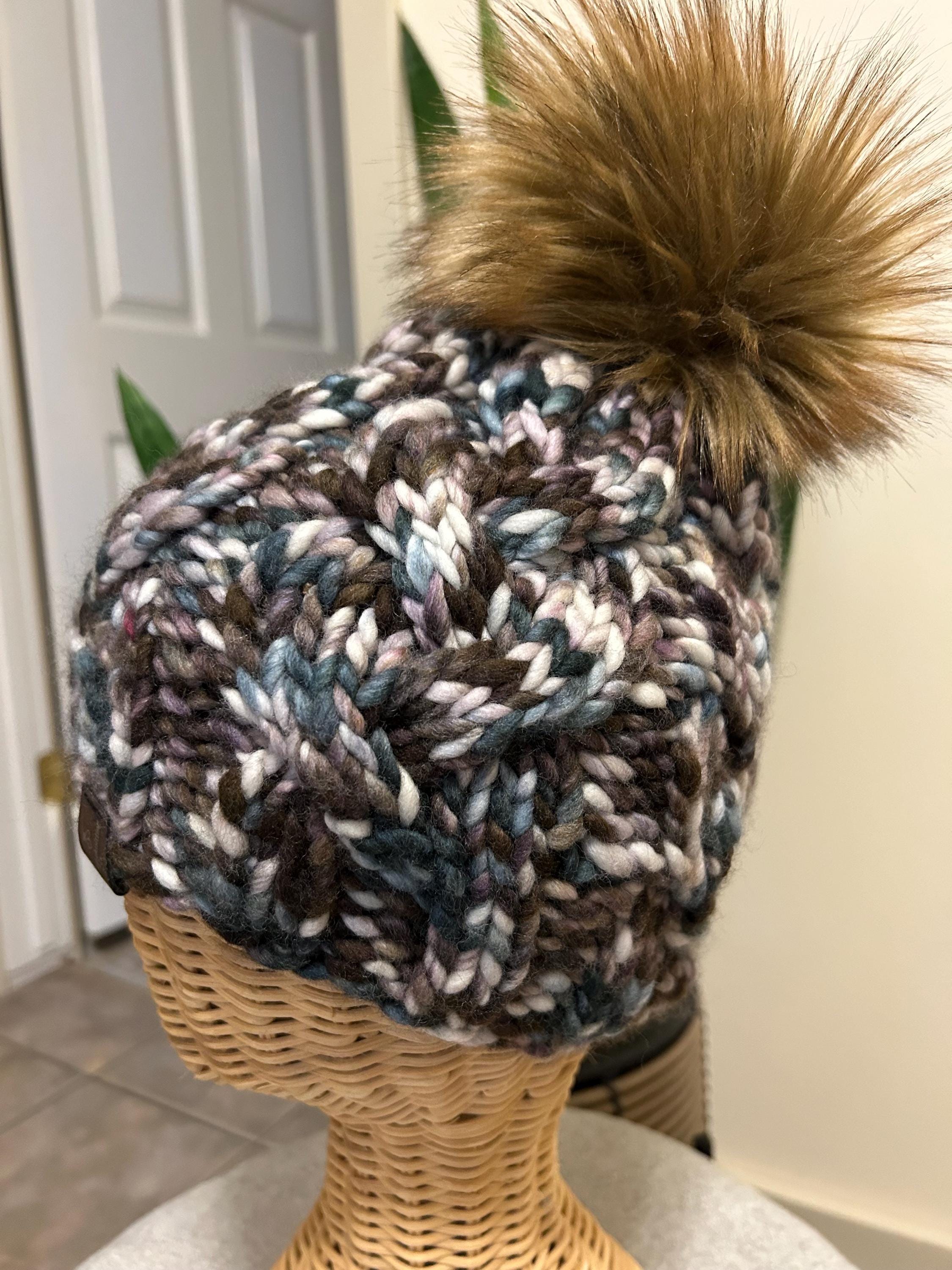 Handmade Merino Wool Knit Beanie: brown multi colour cable knit with Faux Fur Pompom