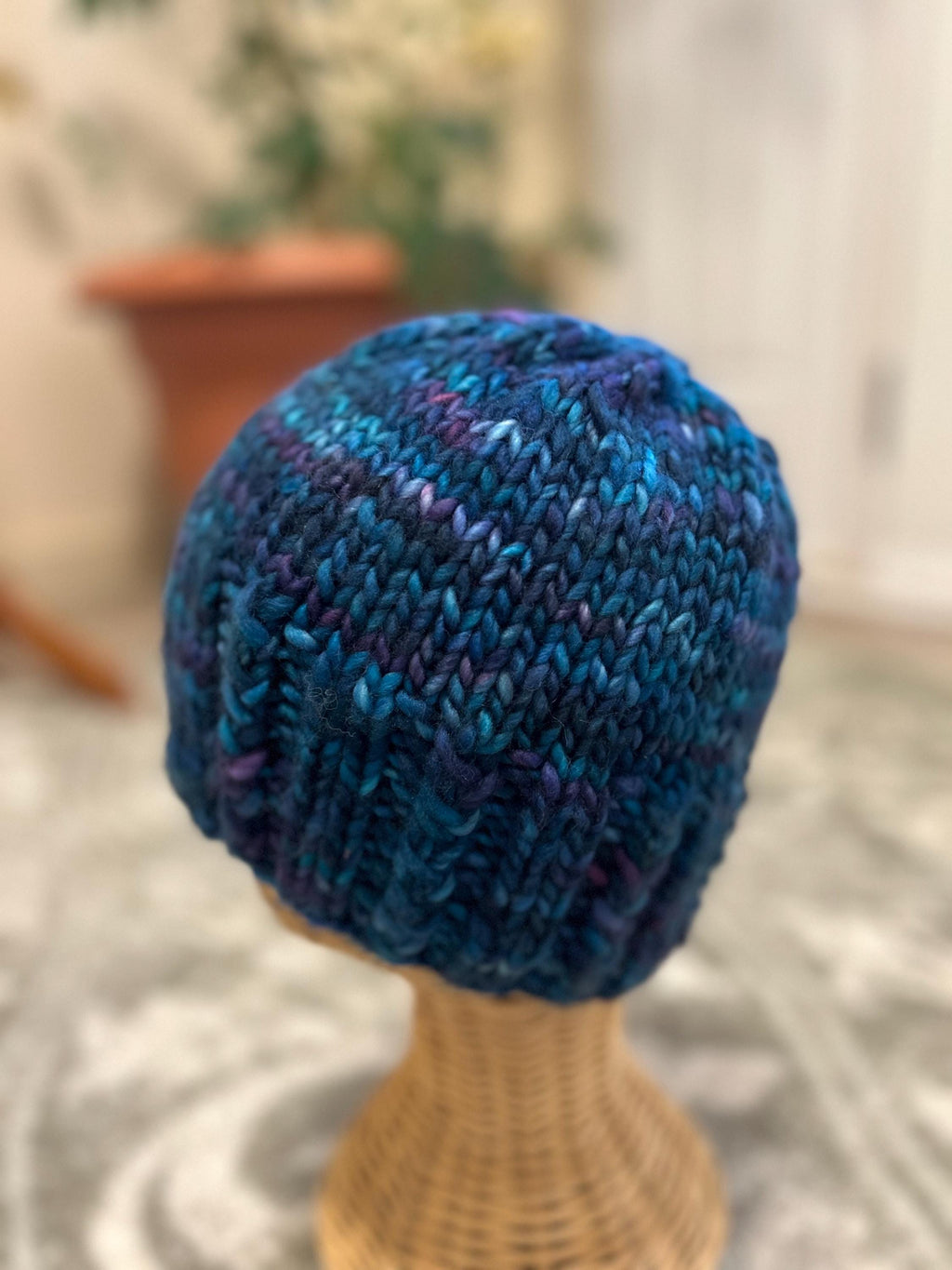Hand Knit Merino Wool Beanie, Blue Purple Toque