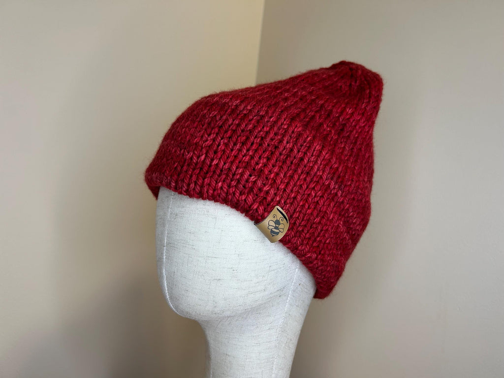Hand Knit Merino Wool Beanie: Double Brim Red Toque, Cozy Warm Winter Hat
