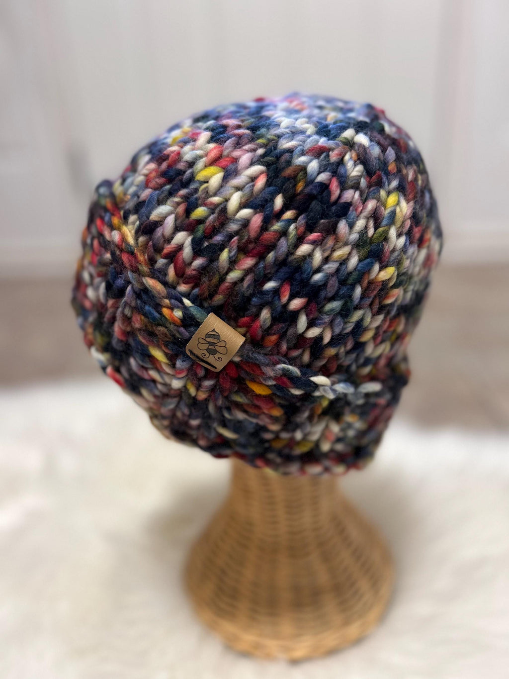 Hand Knit Merino chunky Wool toque: blue colour Winter Hat, folded brim