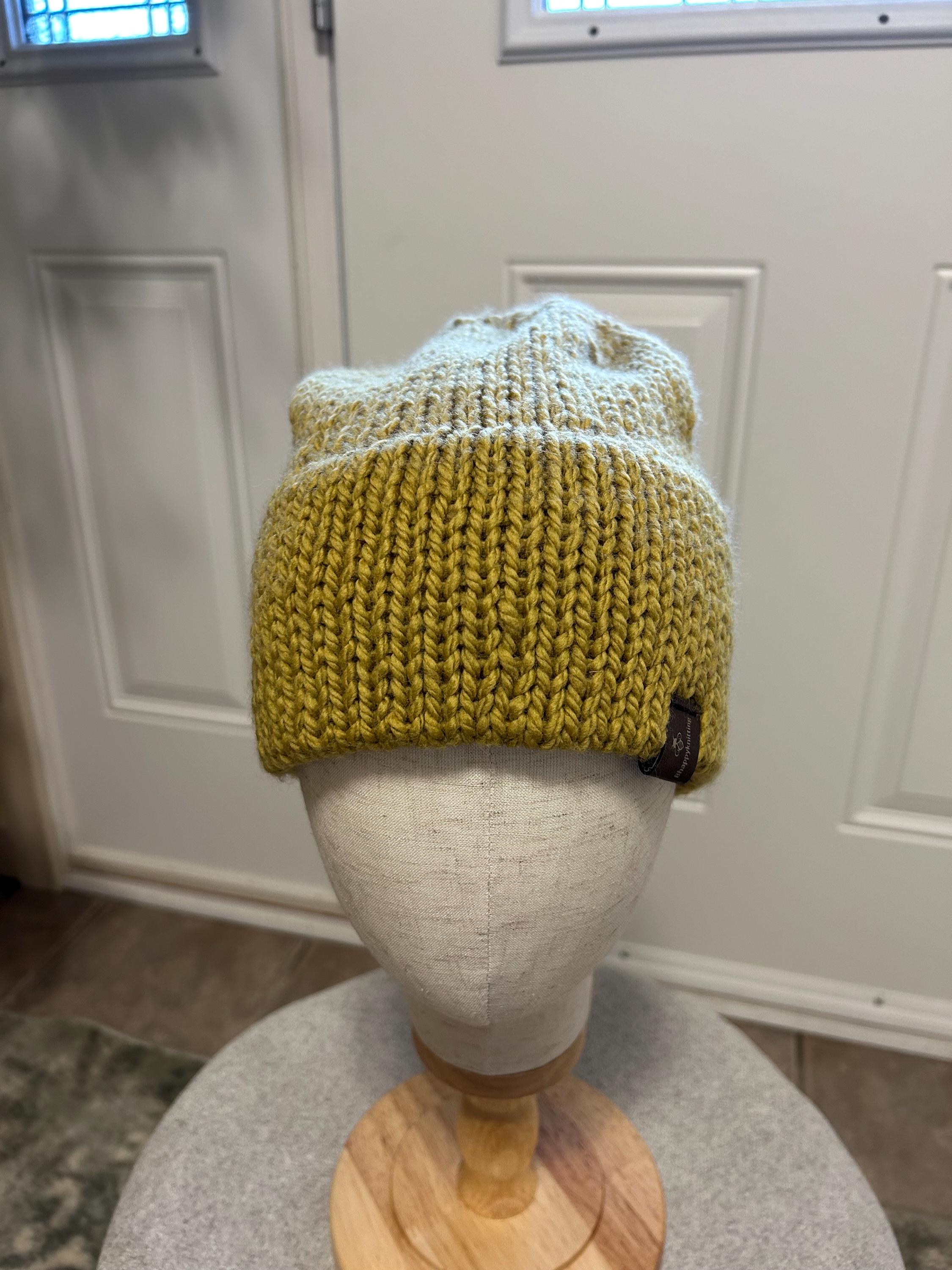 Hand Knit Merino Wool Beanie: Double Brim high top hat for men or women, soft cozy warm winter toque, soft yellow colour toque,  gift