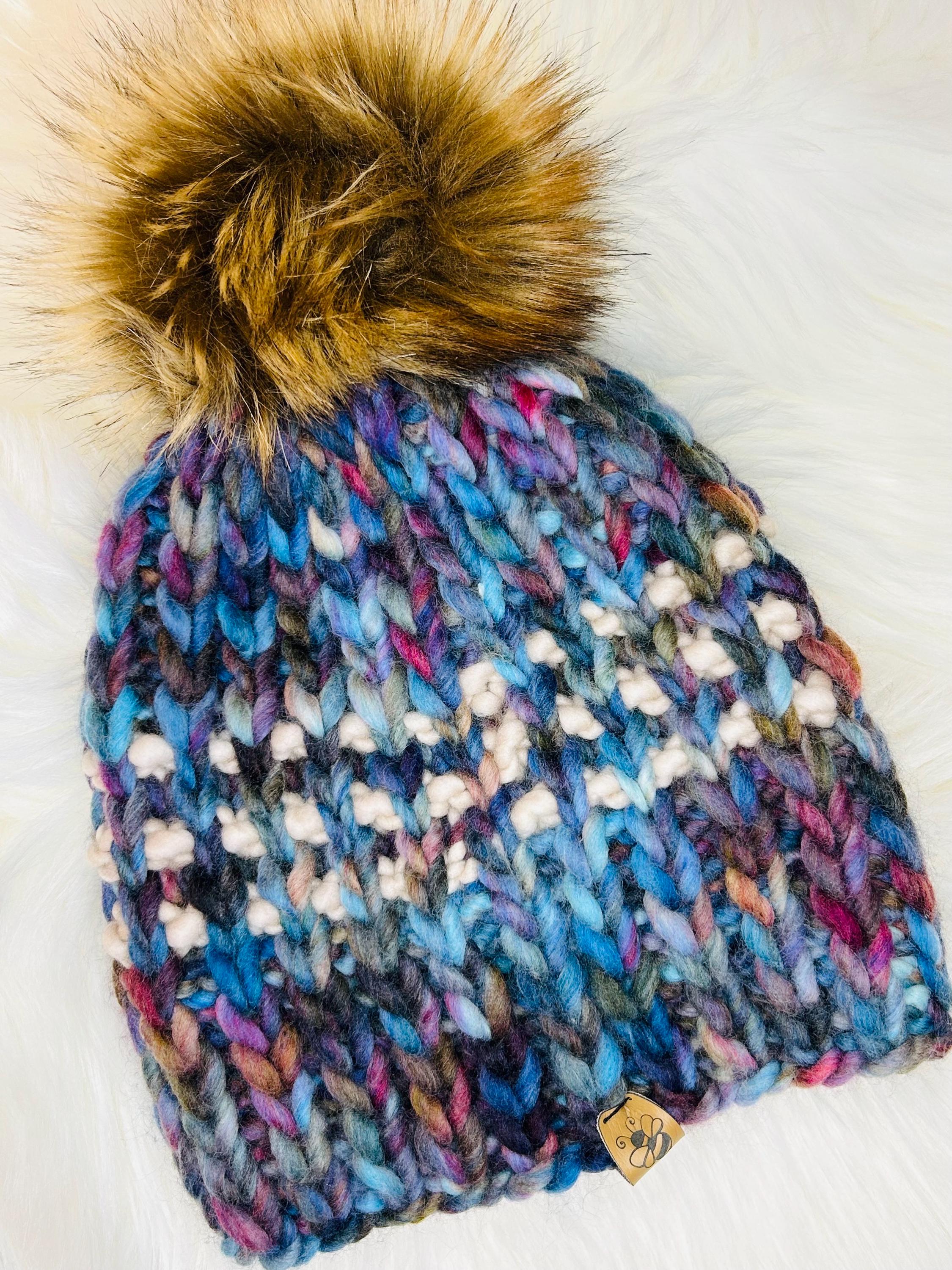 Handmade Merino Wool Knit Beanie: green blue beige knit with Faux Fur Pompom