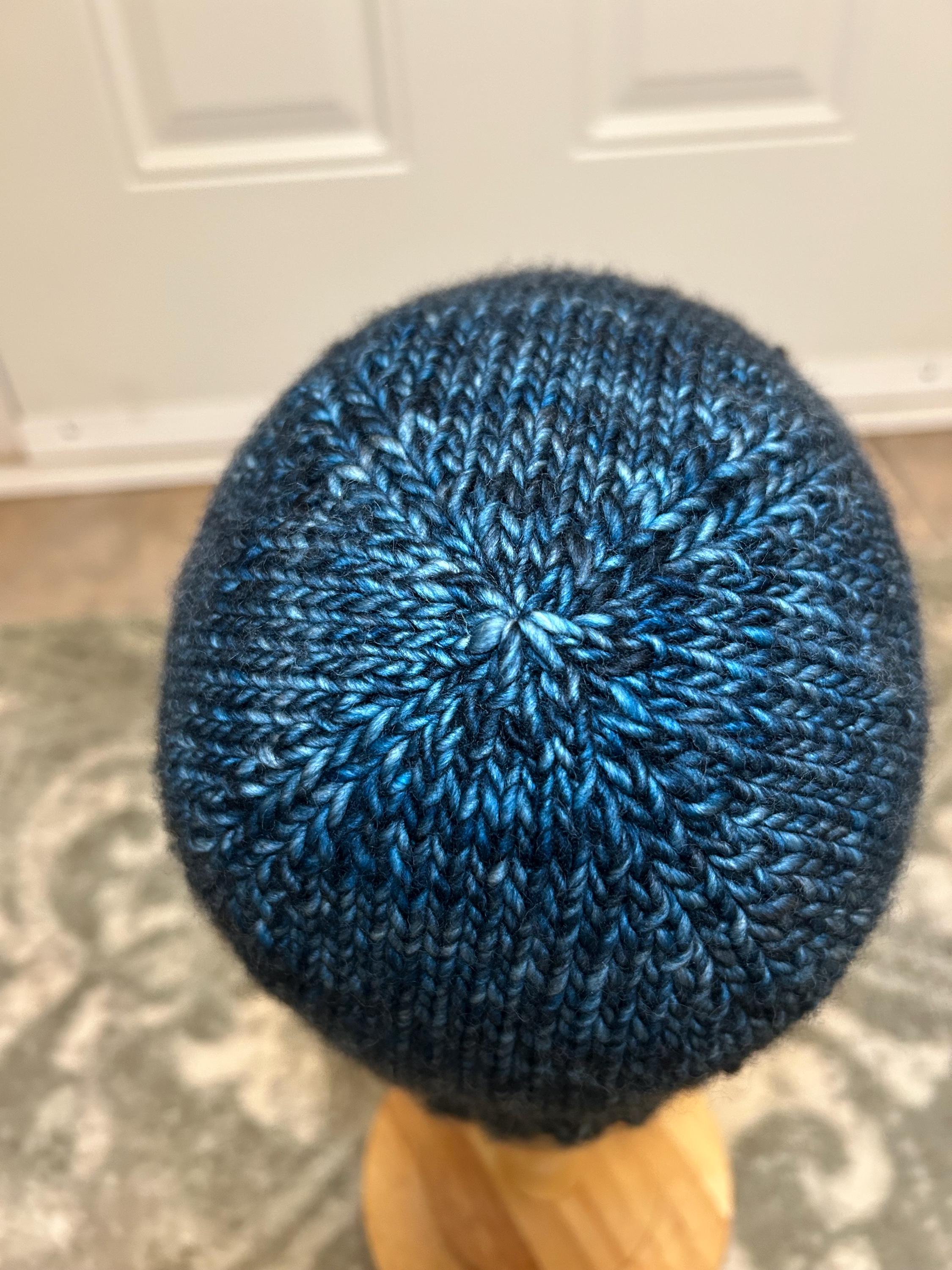 Hand Knit Blue Merino Wool Beanie, Double Brim, unisex