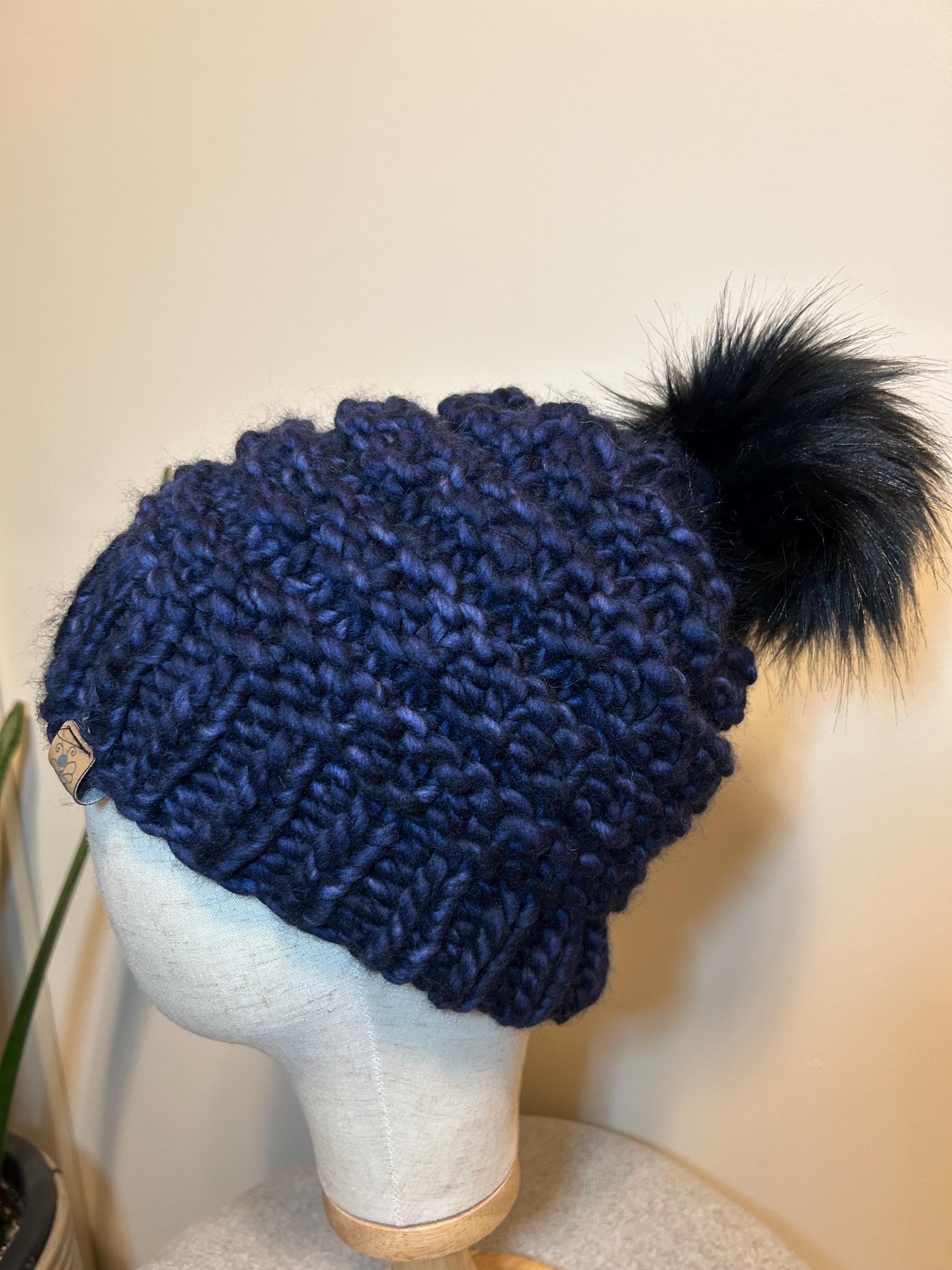 Handmade Merino Wool Knit Beanie: navy blue textured knit with Faux Fur Pompom