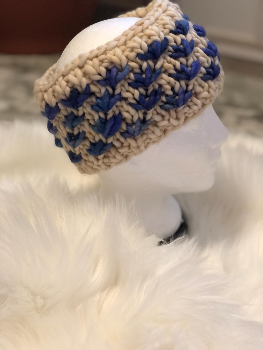 Hand Knit Merino Wool Headband: Blue Lotus Flower Ear Warmer