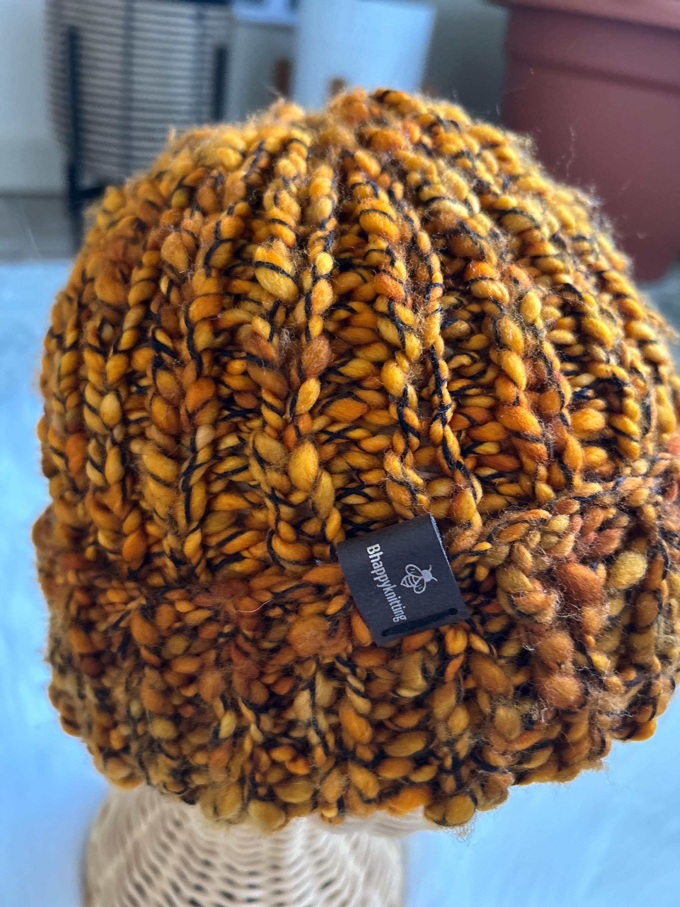 Handknit Chunky Wool Beanie: Orange Brim bulky Toque