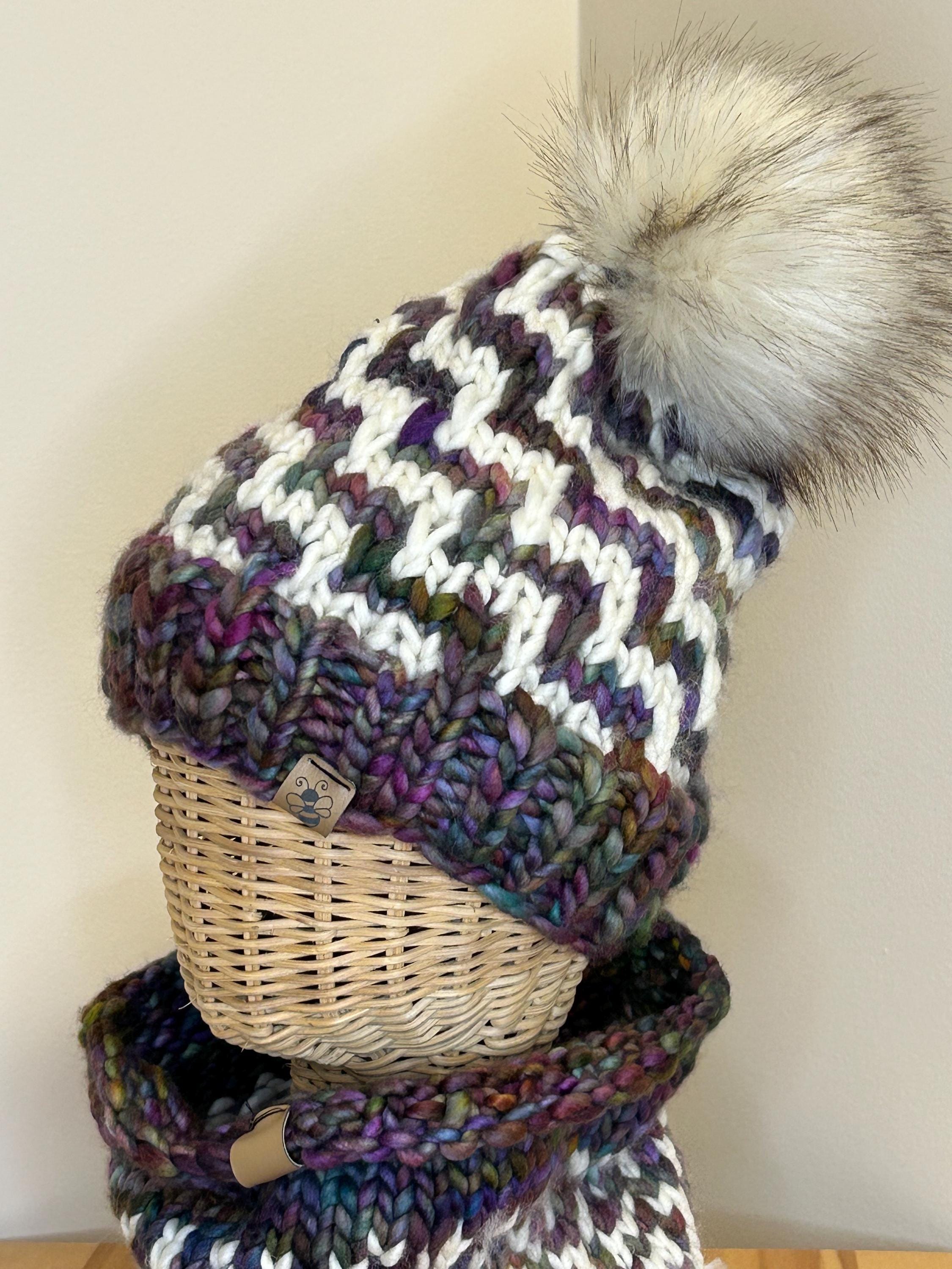 Hand Knit Merino Wool Beanie and cowl set: Removable Faux Fur Pompom