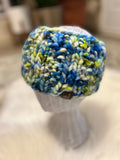 Adult size headband, Handknit, blue white multi colour, Winterwear, messy bun, wool, winter accessory