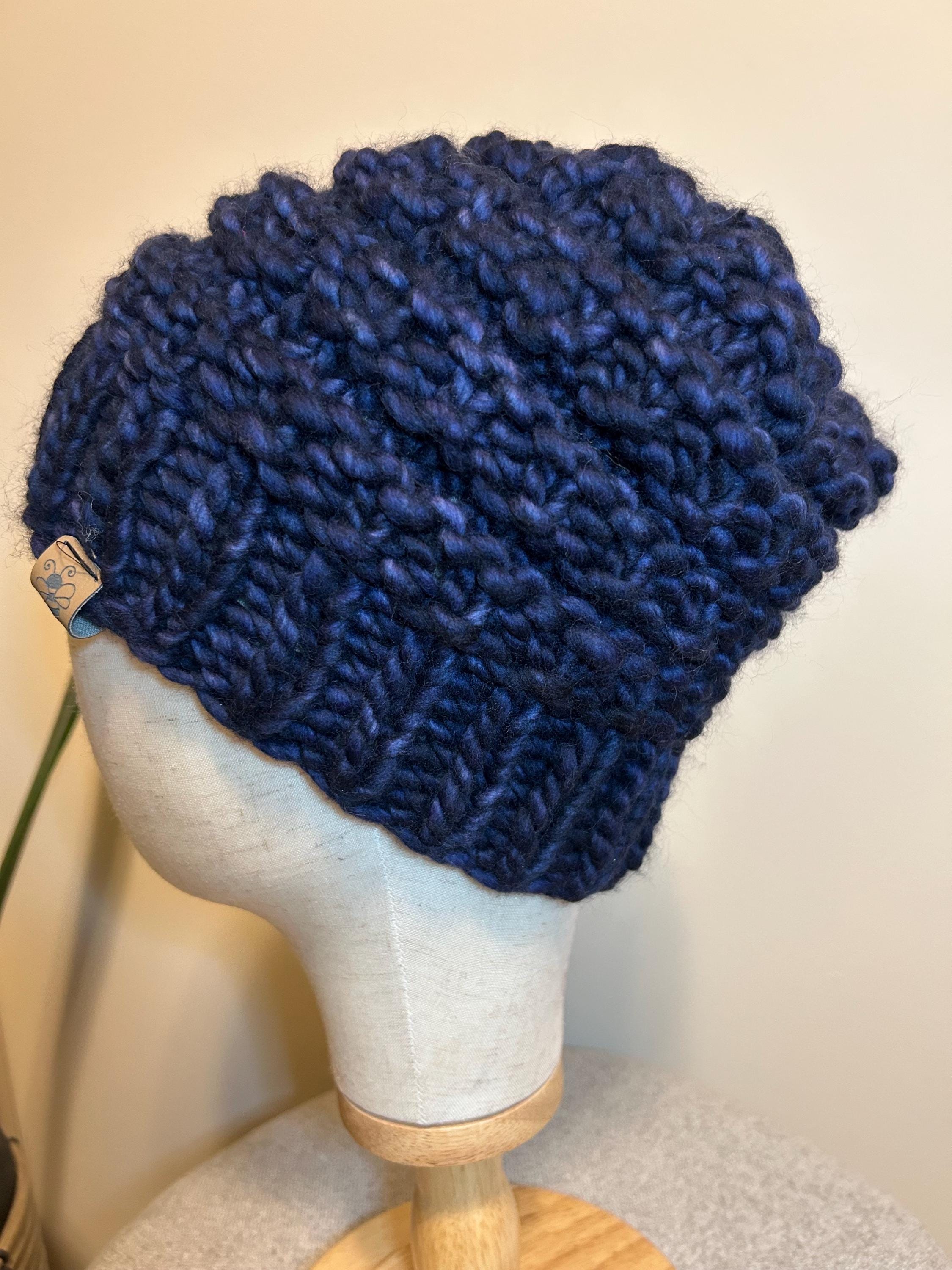 Handmade Merino Wool Knit Beanie: navy blue textured knit with Faux Fur Pompom