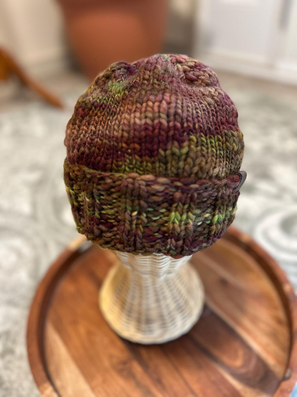 Hand Knit Merino Wool Beanie: Unisex Brown & Green Winter Hat