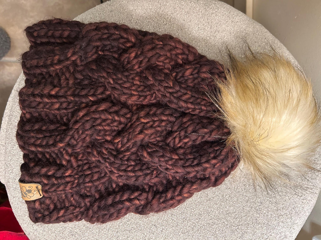 Handmade Merino Wool Knit Beanie: chocolate brown cable knit with Faux Fur Pompom