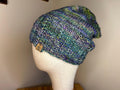 Hand Knit Wool Beanie: green and purple Textured Toque