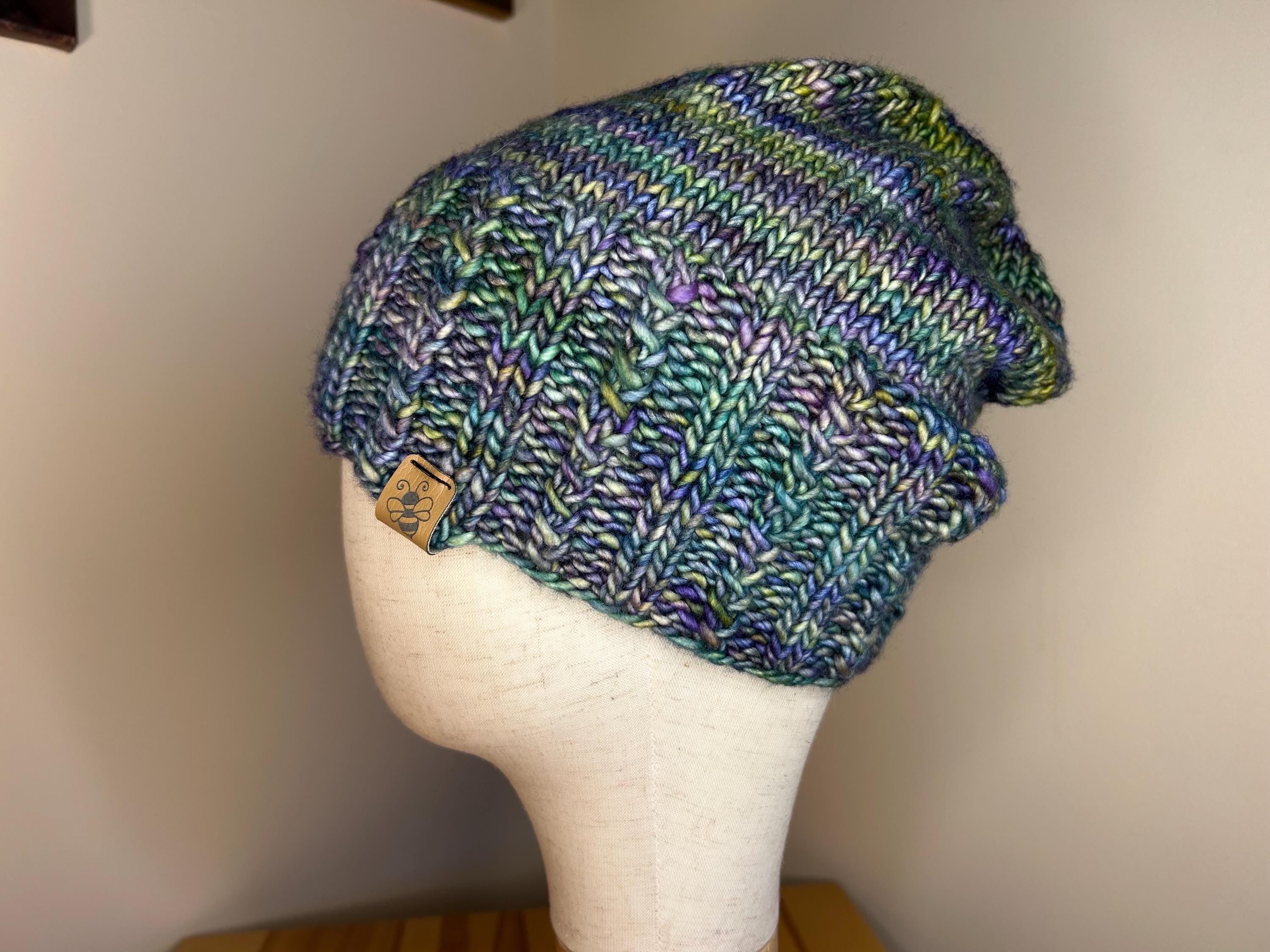 Hand Knit Wool Beanie: green and purple Textured Toque