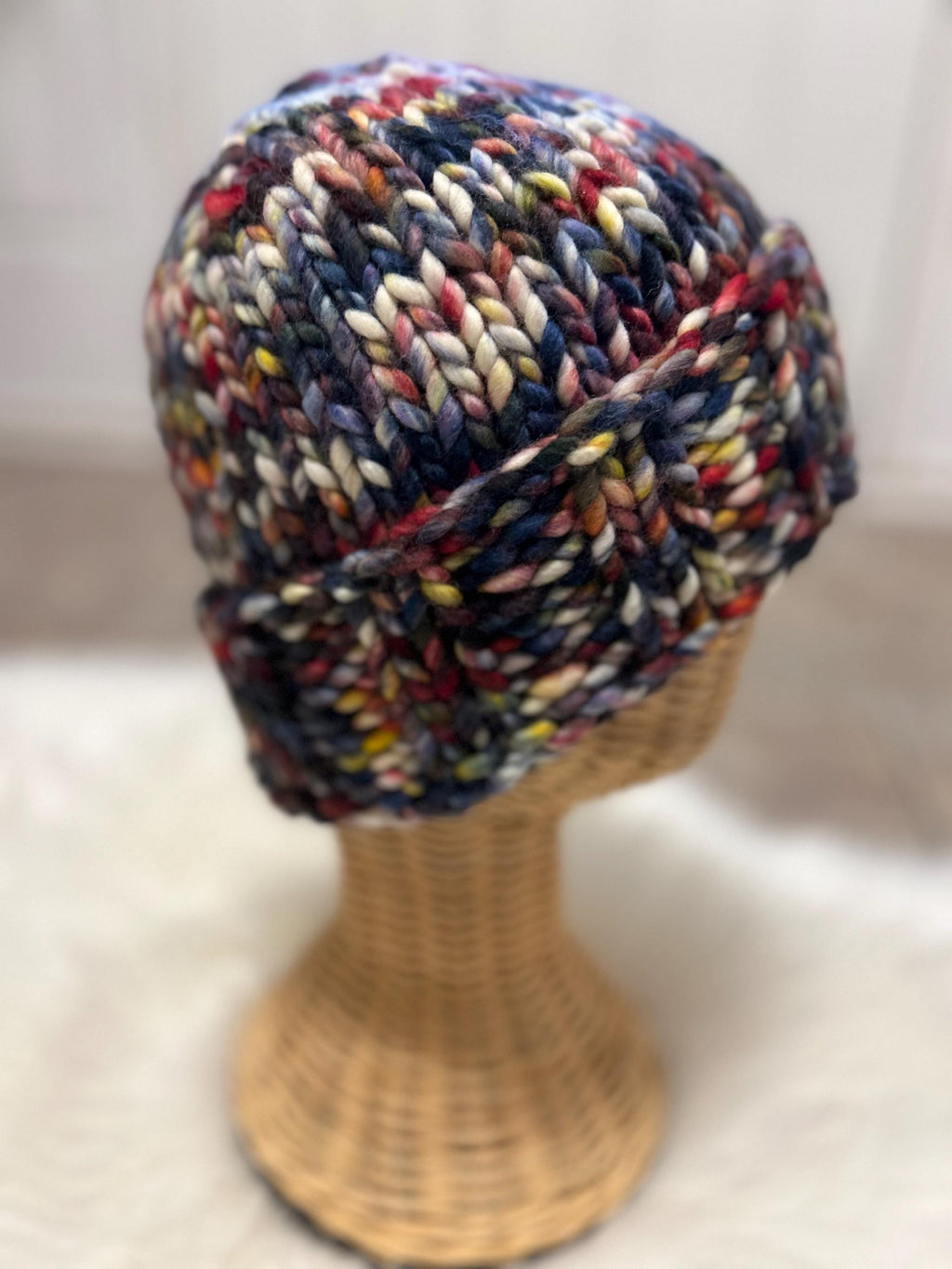 Hand Knit Merino chunky Wool toque: blue colour Winter Hat, folded brim