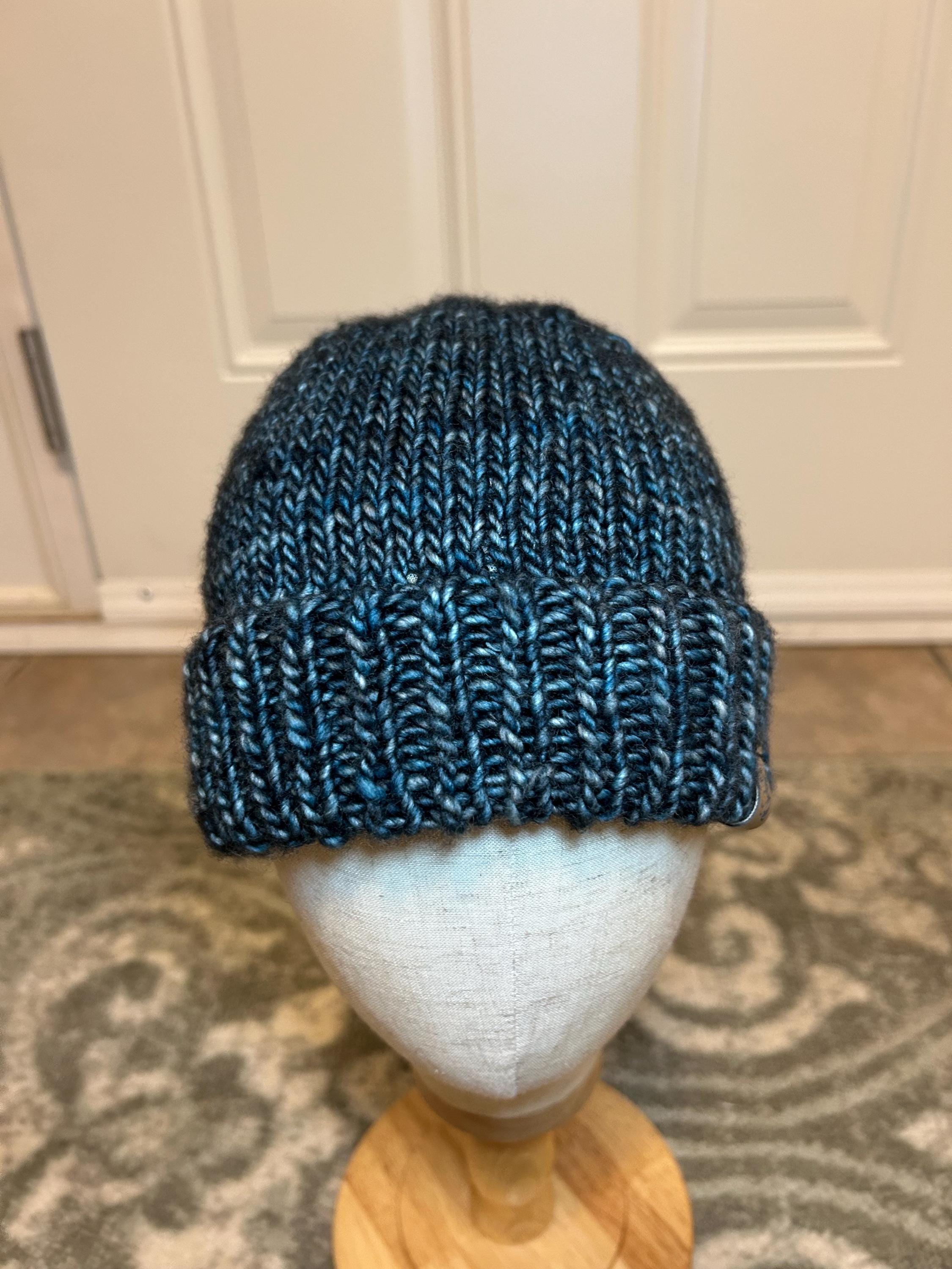 Hand Knit Blue Merino Wool Beanie, Double Brim, unisex