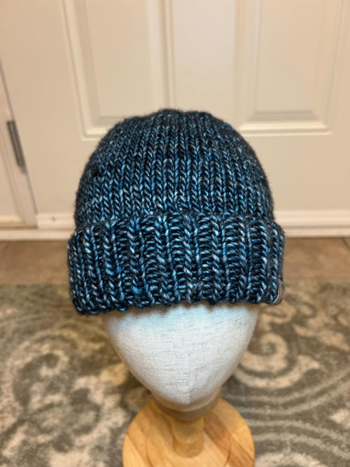 Hand Knit Blue Merino Wool Beanie, Double Brim, unisex