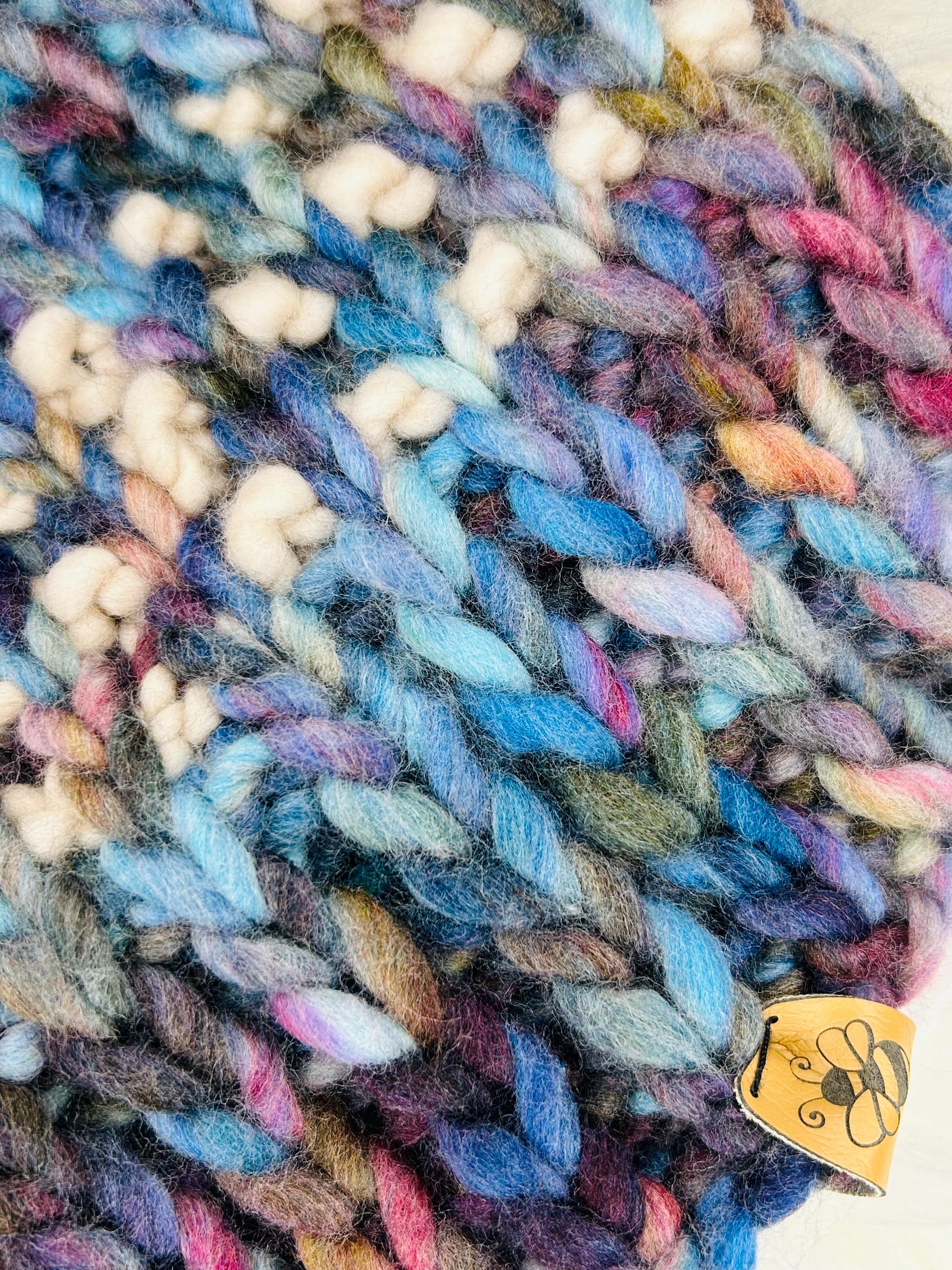 Handmade Merino Wool Knit Beanie: green blue beige knit with Faux Fur Pompom